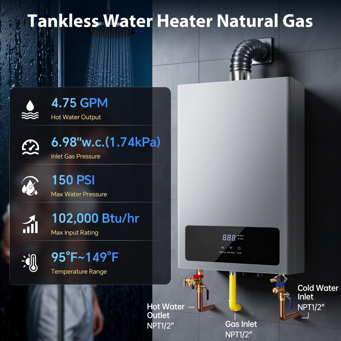 SNDOAS Tankless Water Heater Gas,Up to 4.75GPM 18L Water Heater Natural Gas with LED Display,102,000 BTU Instant Hot Water Heater On Demand for Whole House,Ultra Quiet,Forced Exhaust,Indoor Use