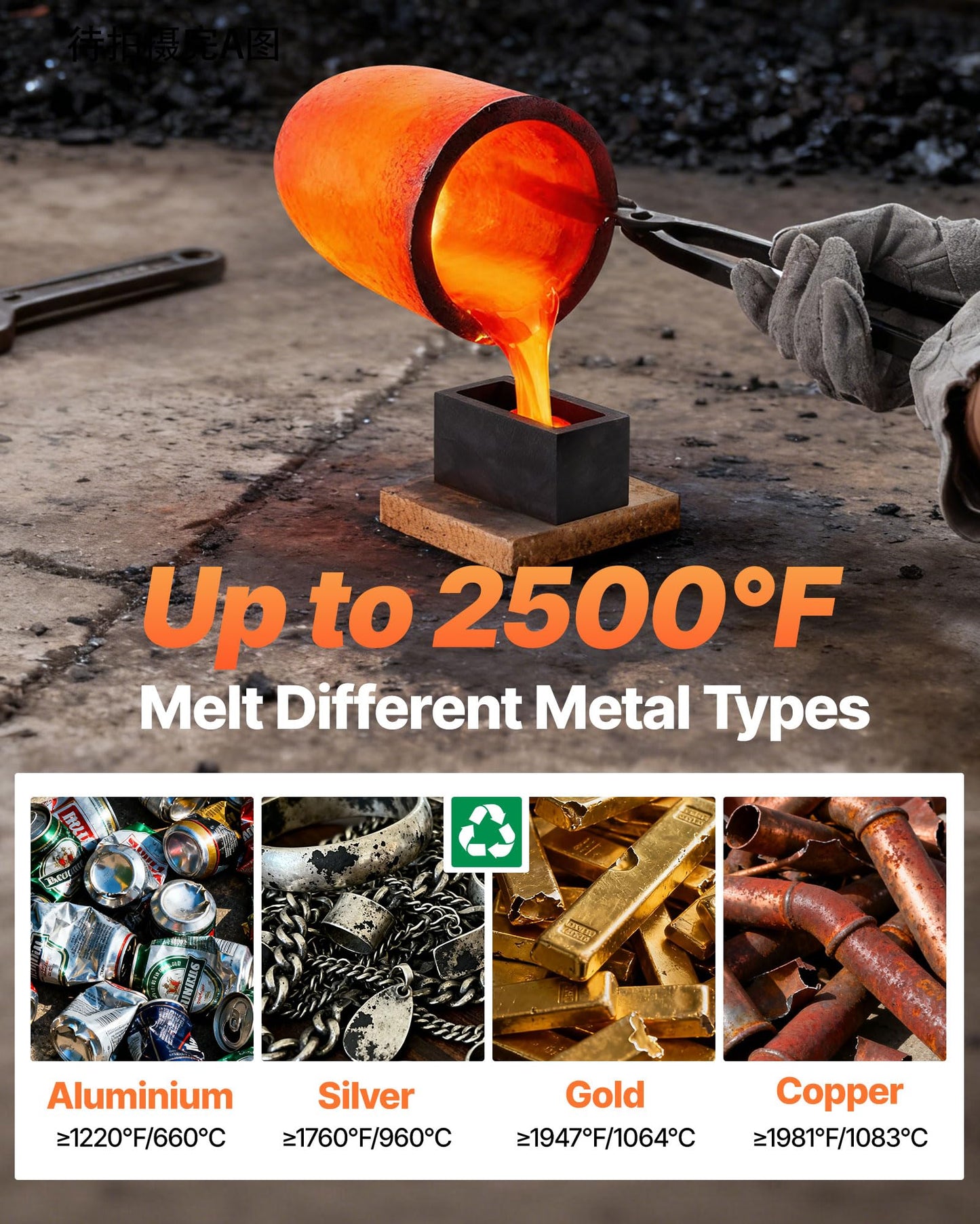 VEVOR 8KG Propane Melting Furnace Kit, Gas Metal Smelting Kit, Foundry Home Kiln with Crucible, Tongs, Wooden Handle, Forge Casting Tool for Gold Silver Copper Aluminum Metal Recycle
