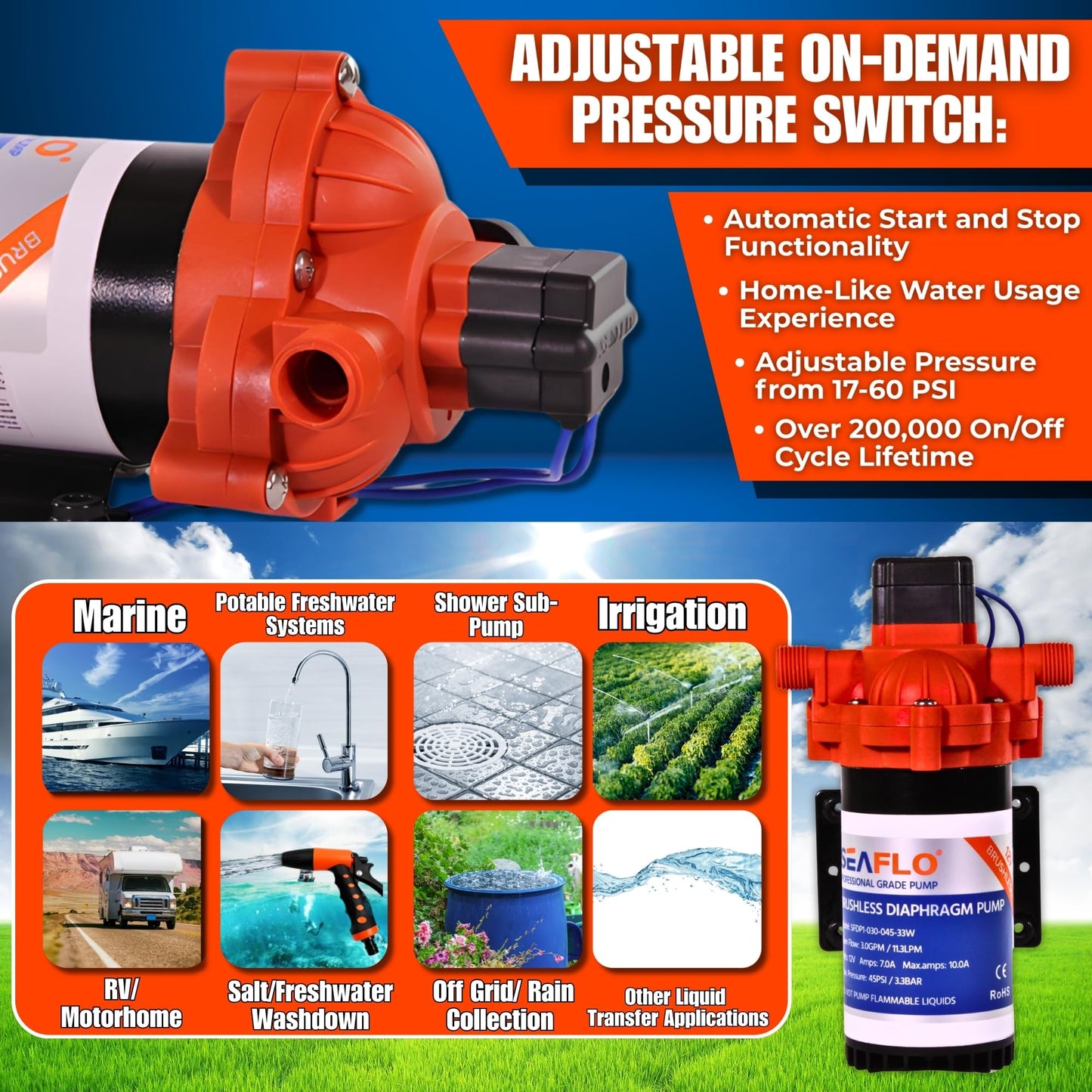 SEAFLO 33W Series 12V DC Brushless Automatic Demand Diaphragm Water Pressure Pump, 3.0 GPM, 45 PSI, Ultra Quiet Operation, Self-Priming, Overload Protection, NSF & UL Certified, 4 Year Warranty