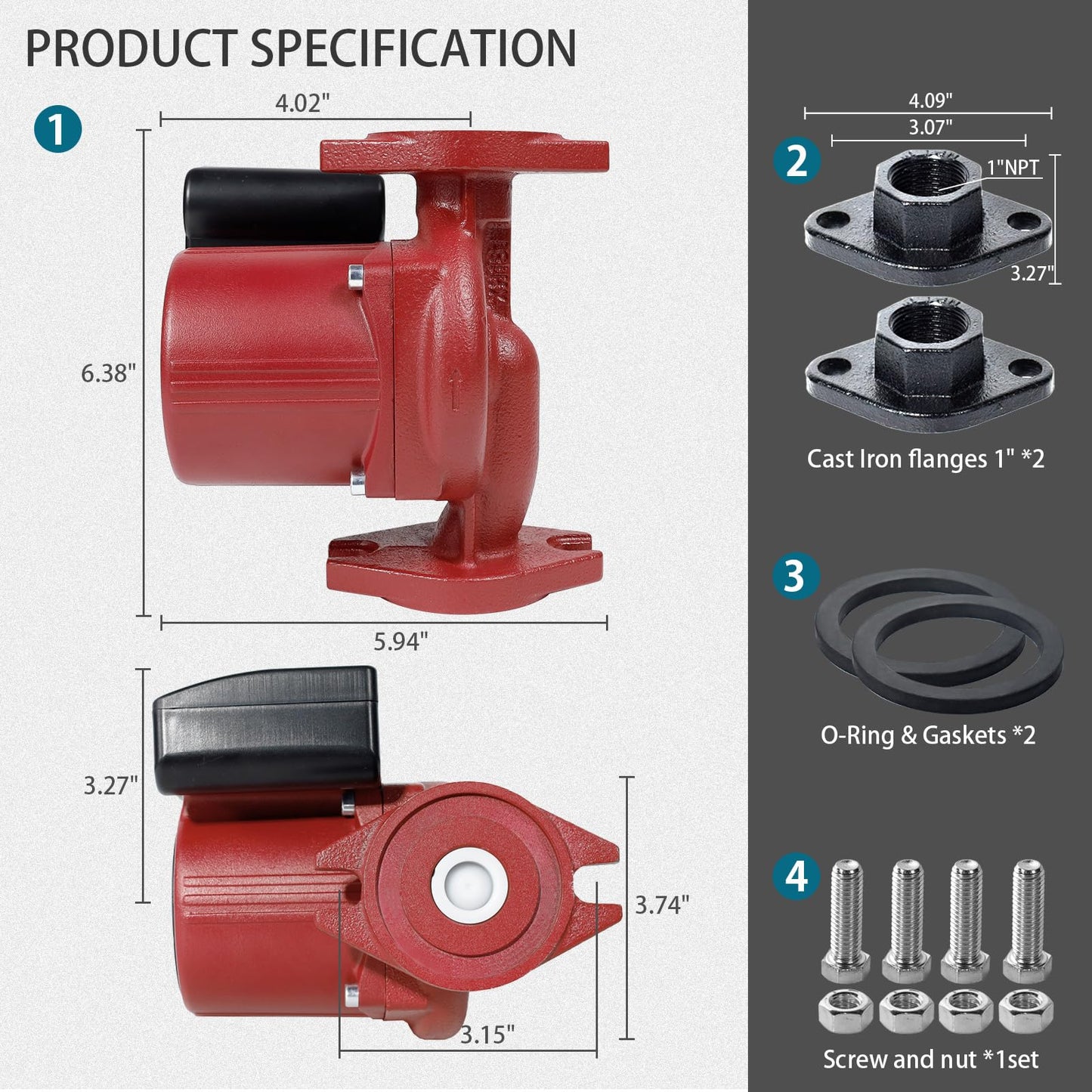 WASSERMANN Cast Iron Circulator Pump for Boiler System 115V 3-Speed Hot Water Recirculating Pump with 1" NPT Flange for Hydronic Heat System Wood Burner Radiant Heater Replace 007-F5-7IFC UPS15-58FC