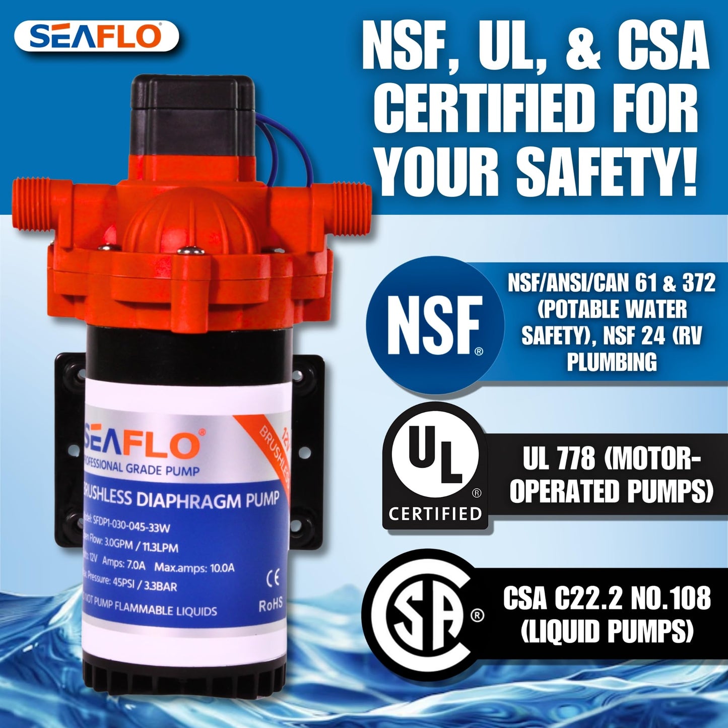 SEAFLO 33W Series 12V DC Brushless Automatic Demand Diaphragm Water Pressure Pump, 3.0 GPM, 45 PSI, Ultra Quiet Operation, Self-Priming, Overload Protection, NSF & UL Certified, 4 Year Warranty