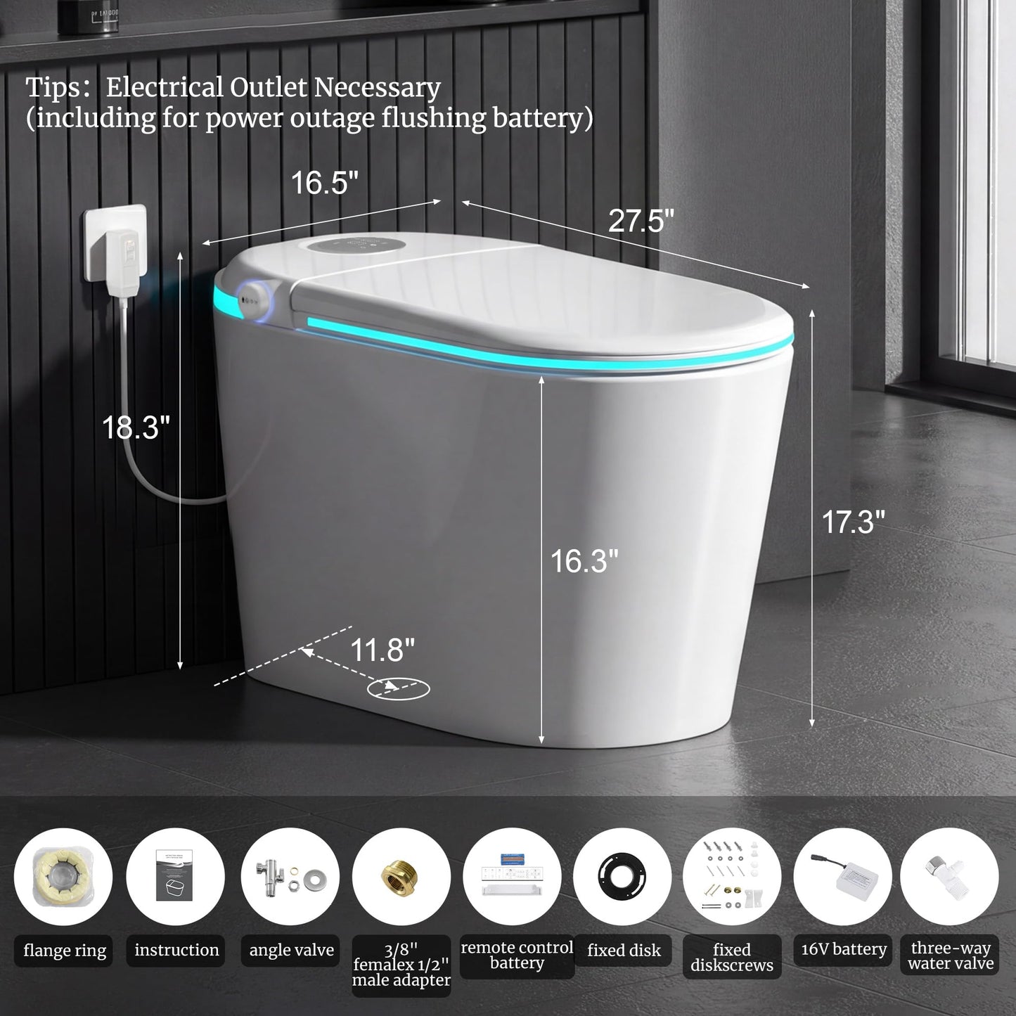Smart Toilet with Tank, Electric Bidet Toilet with ADA Comfort Height Heated Seat, Auto Flush/Lid&Seat, Foot Sensor, UV-C light, Dryer One Piece Toilets with with Siphon Flush 1.28 GPF, MAP 1000g