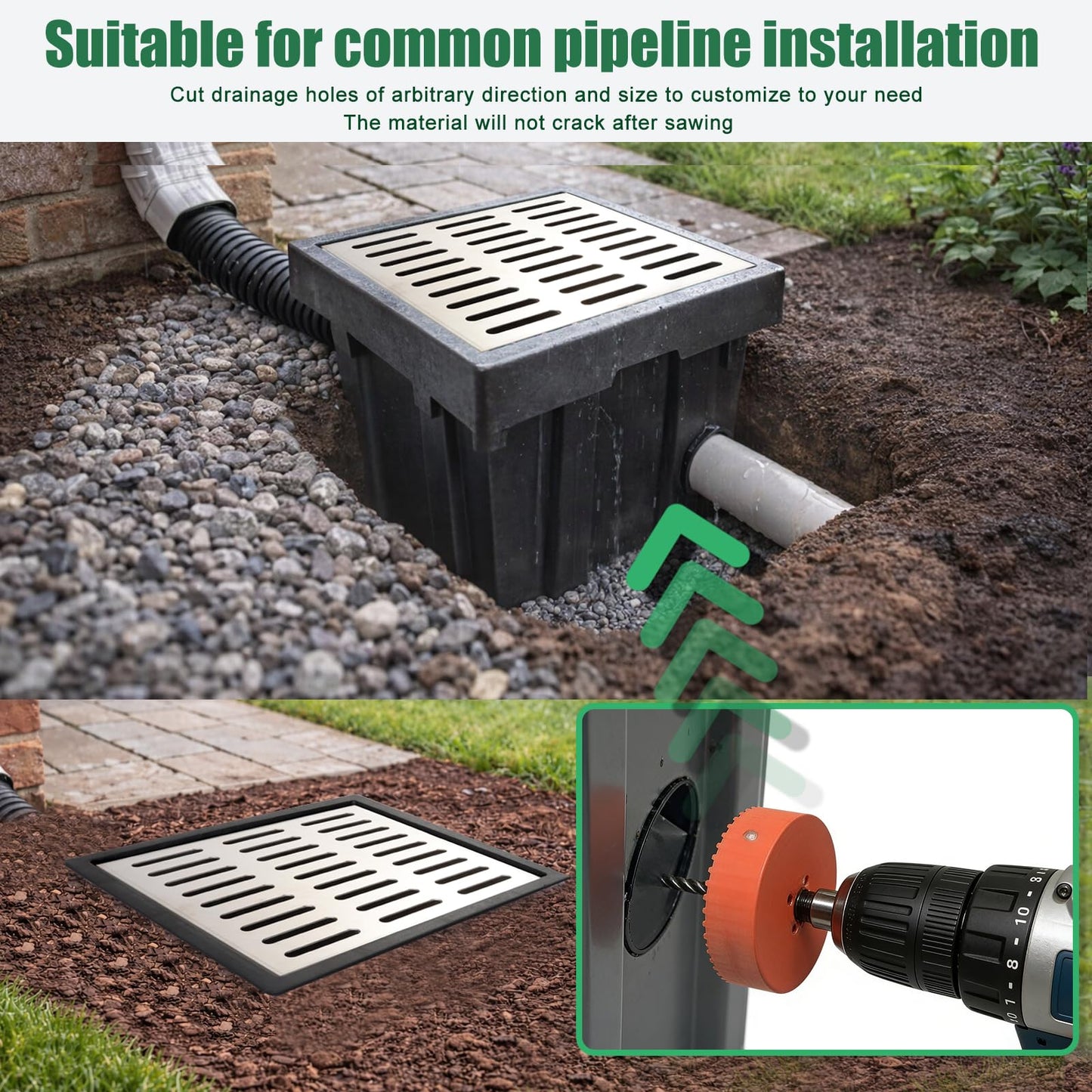 Catch Basin with 304 Stainless Steel Grate,18x18x15in Square Catch Basin for Drainage with Debris Basket, Corrosion Resistant French Drain Basin Without Reserved Hole for Yard, Patio, Downspou, Lawn