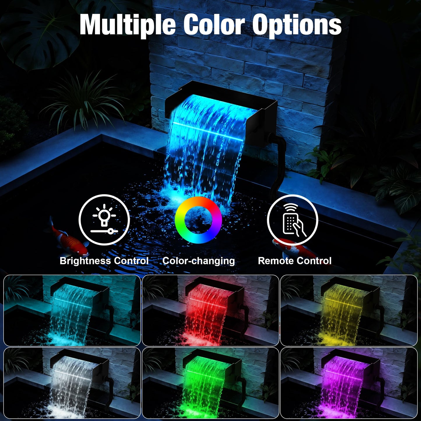 Augicy Pond Waterfall Spillway with LED Lights - 12-inch Stainless Steel Spillway and 850GPH Submersible Pump with Cover for Garden, Ponds, Backyard, Pool