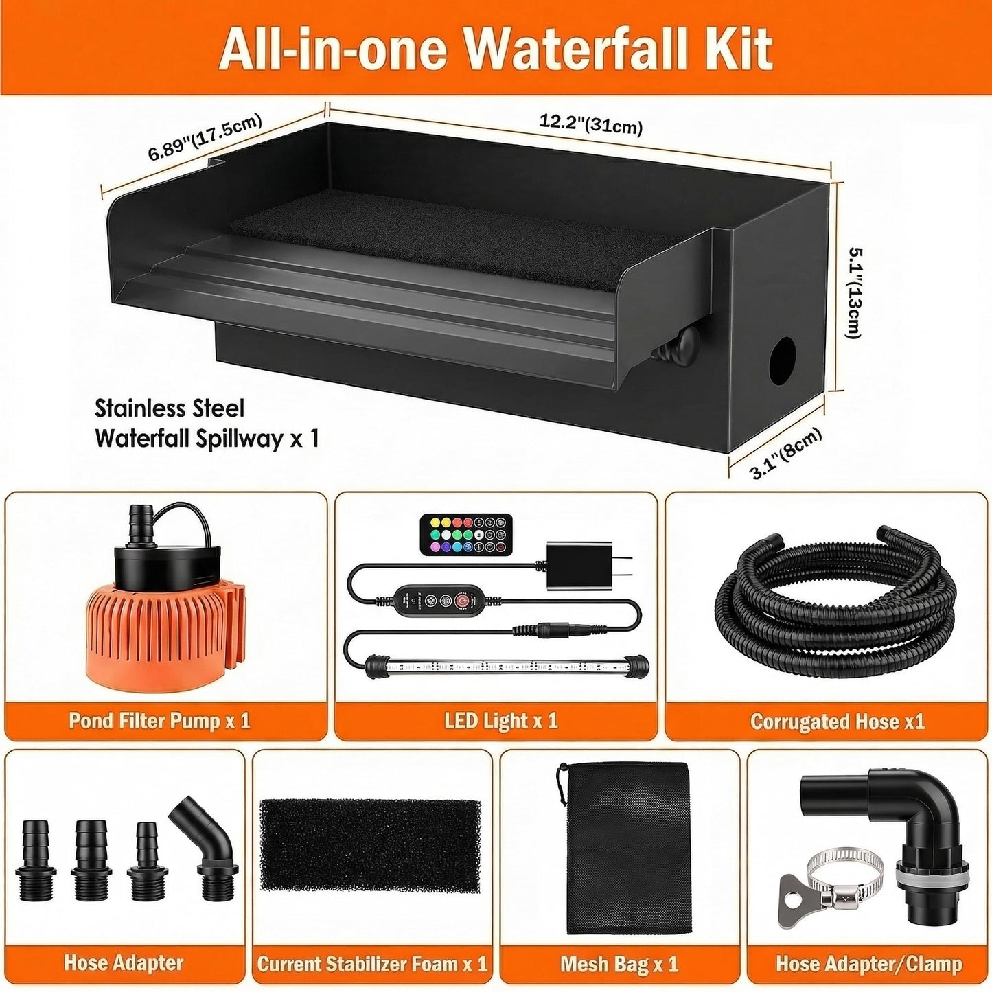 Augicy Pond Waterfall Spillway with LED Lights - 12-inch Stainless Steel Spillway and 850GPH Submersible Pump with Cover for Garden, Ponds, Backyard, Pool