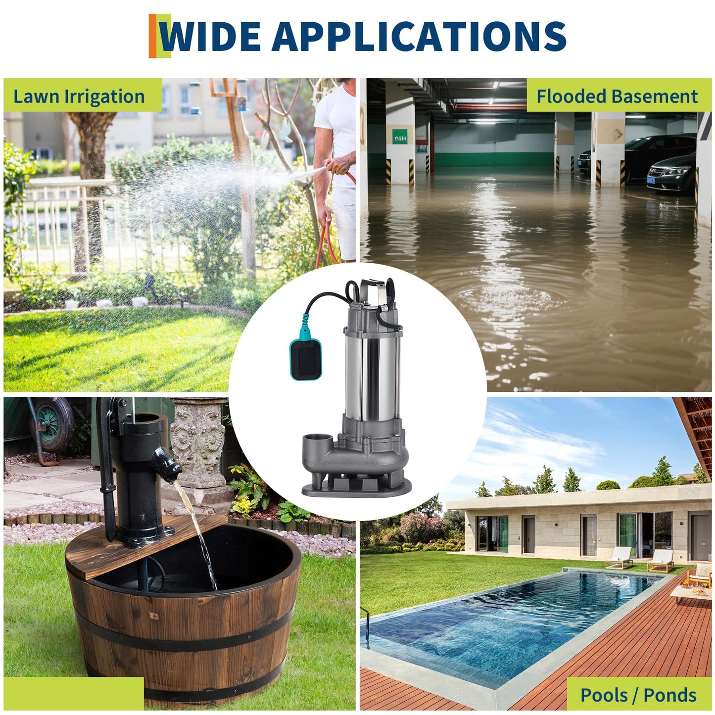 1.5 HP 6600 GPH Submersible Sewage Pump, Heavy Duty Cast Iron Effluent Pump with Automatic Tethered Float Switch, Sump Pump for Sump Basin, Basement, Residential