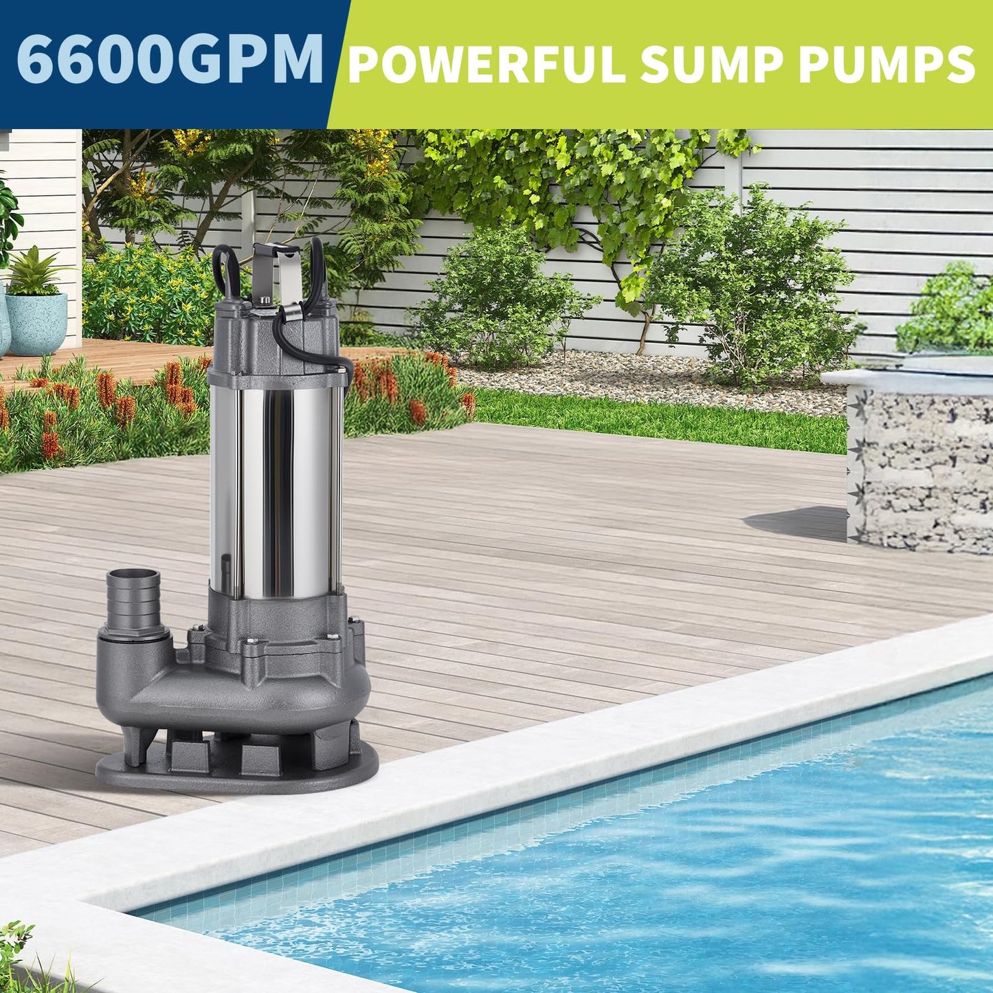 1.5 HP 6600 GPH Submersible Sewage Pump, Heavy Duty Cast Iron Effluent Pump with Automatic Tethered Float Switch, Sump Pump for Sump Basin, Basement, Residential