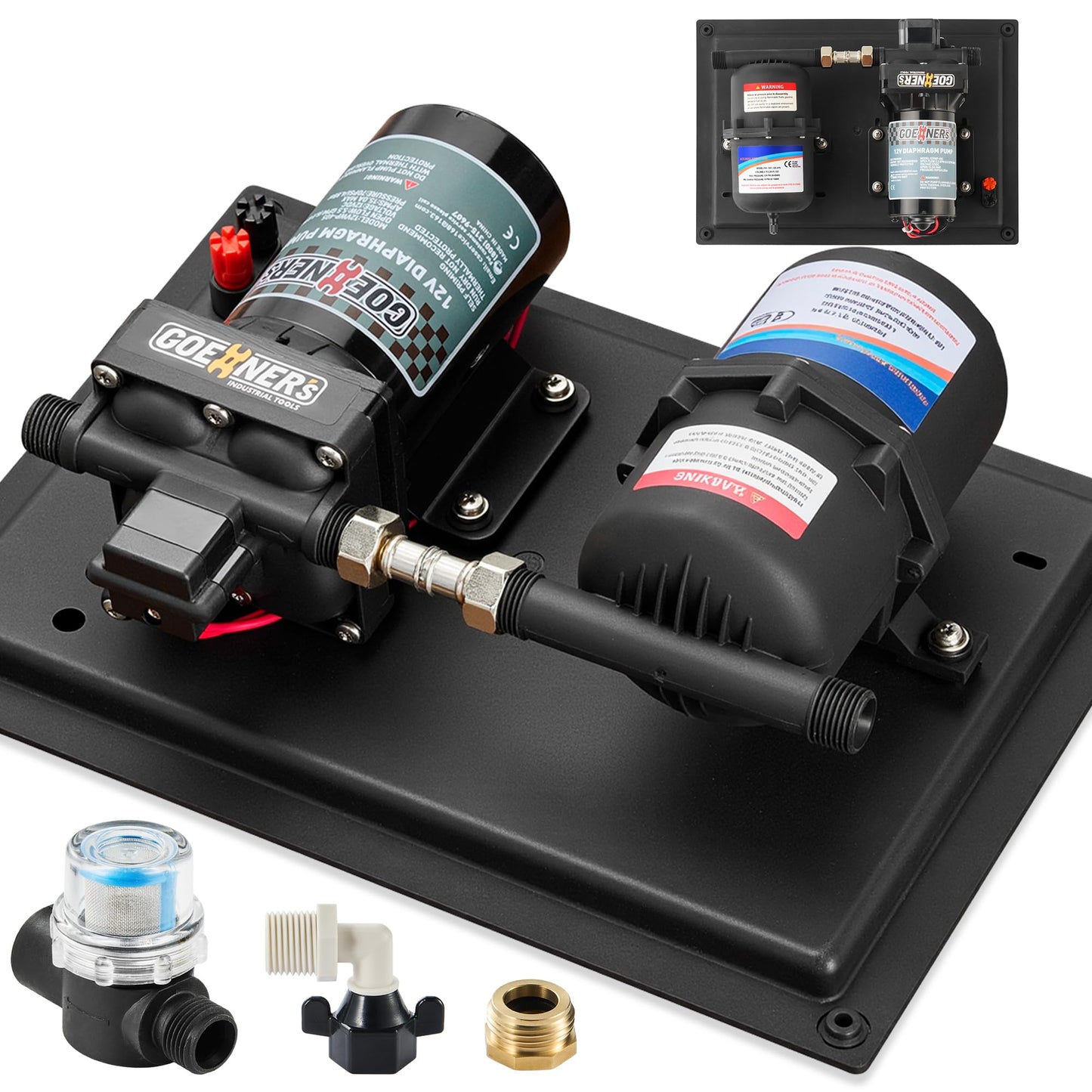 [Upgraded Version] RV Fresh Water Pump with 0.75L 125PSI Pre-Pressurized Accumulator Tank, 12V DC Water Pump, 6GPM 70PSI Self-Priming Diaphragm Pump with Pressure Switch and Strainer