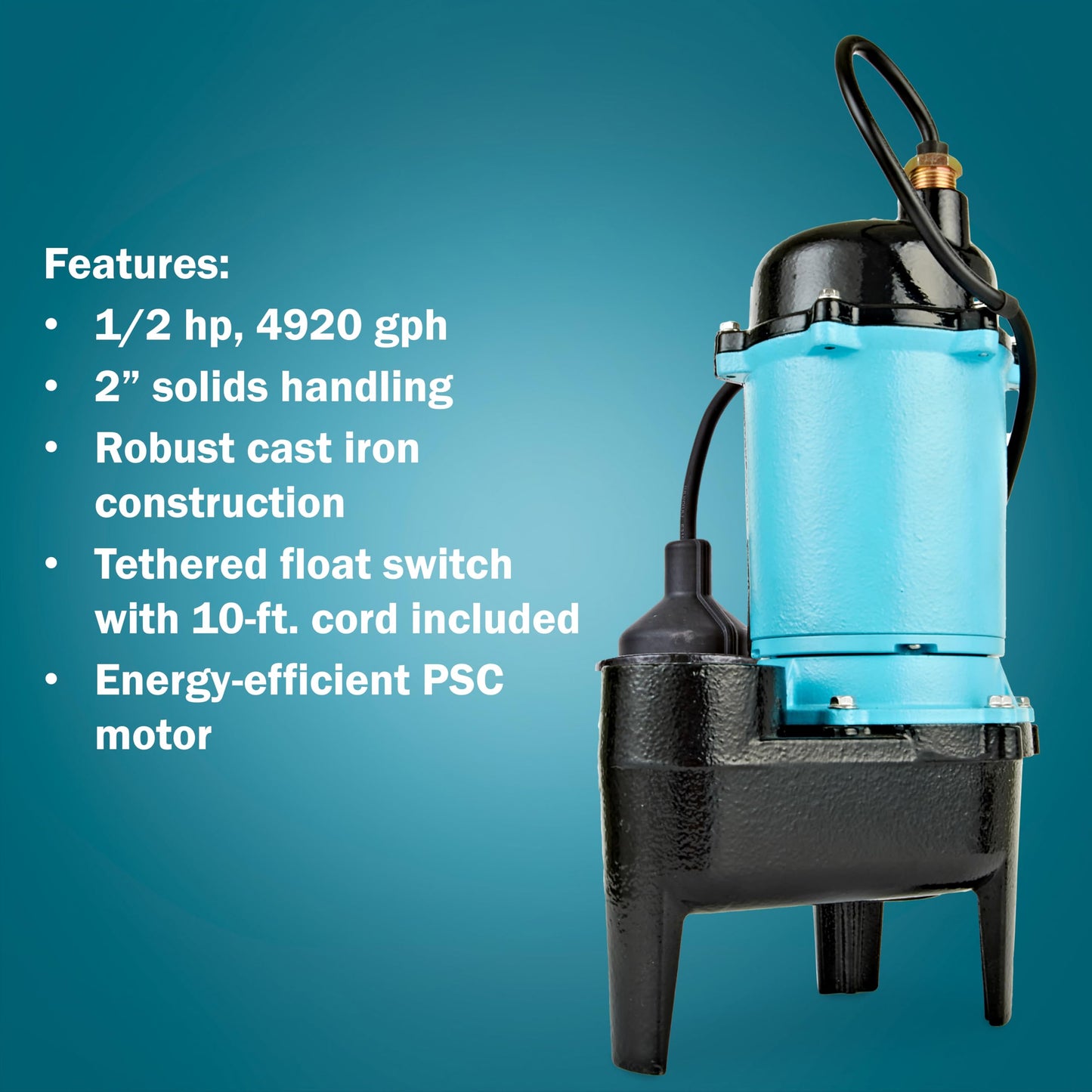Little Giant BSWC50T 1/2 HP, 115 Volt, 4920 GPH Automatic Submersible Cast Iron Sewage Pump with Tethered Float Switch and 10-Ft. Cord, Blue, 511256