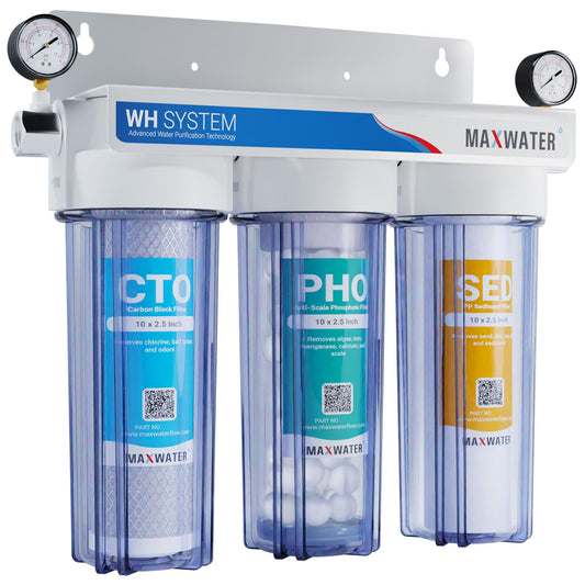 Max Water 3 Stage (Good to Protect Home from Scale & Corrosion) 10 inch Standard Water Filtration System for Whole House - Sediment + Anti Scale + CTO Post Carbon - 3/4" Inlet/Outlet - Model : WH-SC1