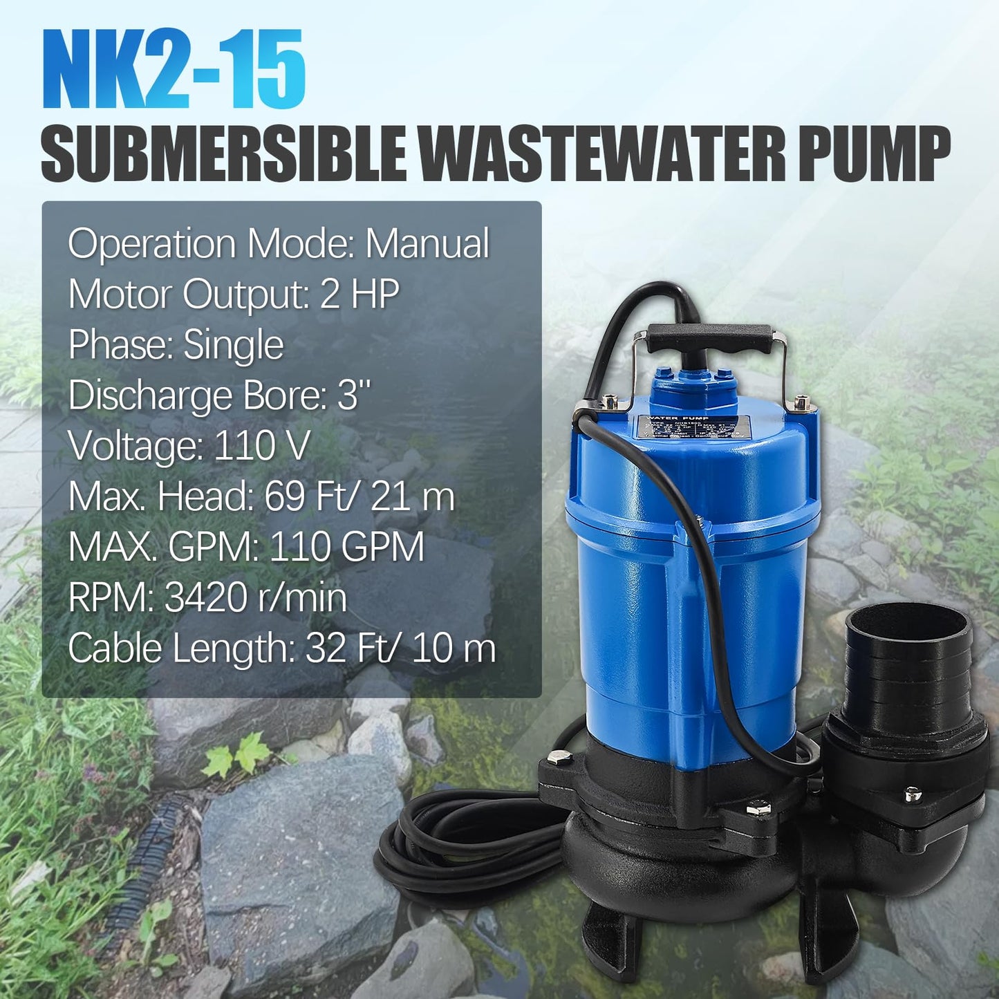 NK2-15 2 HP 110 V 3 in Discharge Electric Submersible Pump Replacement for NK2-15 Sewage Effluent Dewatering Pump Single Phase 110 GPM / 6600 GPH 3420 RPM