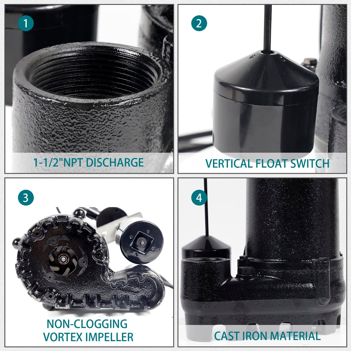 WASSERMANN 1/2HP 3600GPH Cast Iron Submersible Sump Pump with Vertical Float Switch,1-1/2"NPT Discharge Sewage Pump with 10FT Cord for Basement, Sump Basin, Sewage Well