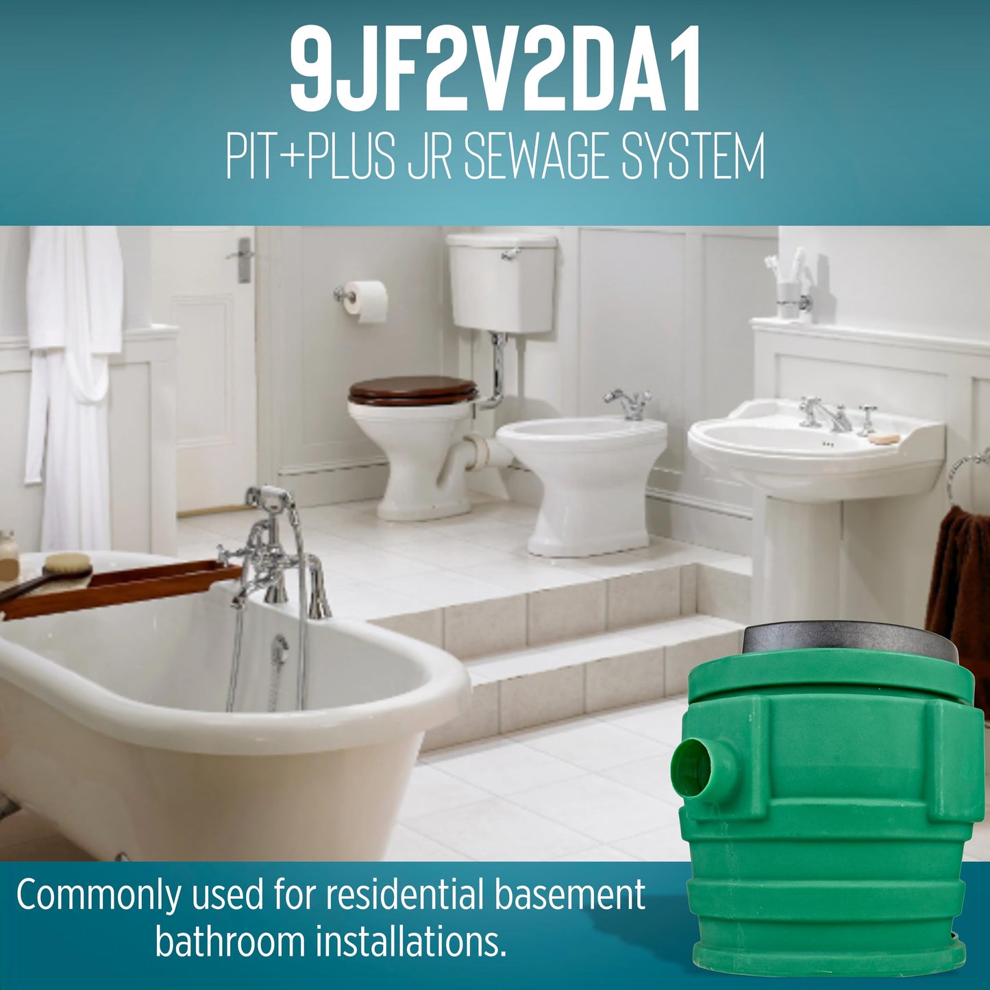 Little Giant 9JF2V2DA1 Pit Plus JR Sewage Basin System with 115V, 4/10 hp, 6000 gph 9SC-CIM Sewage Pump, Float Switch with 20-Ft. Cord, 2-In. Vent/Discharge,and Alarm, Green/Blue/Black, 509674