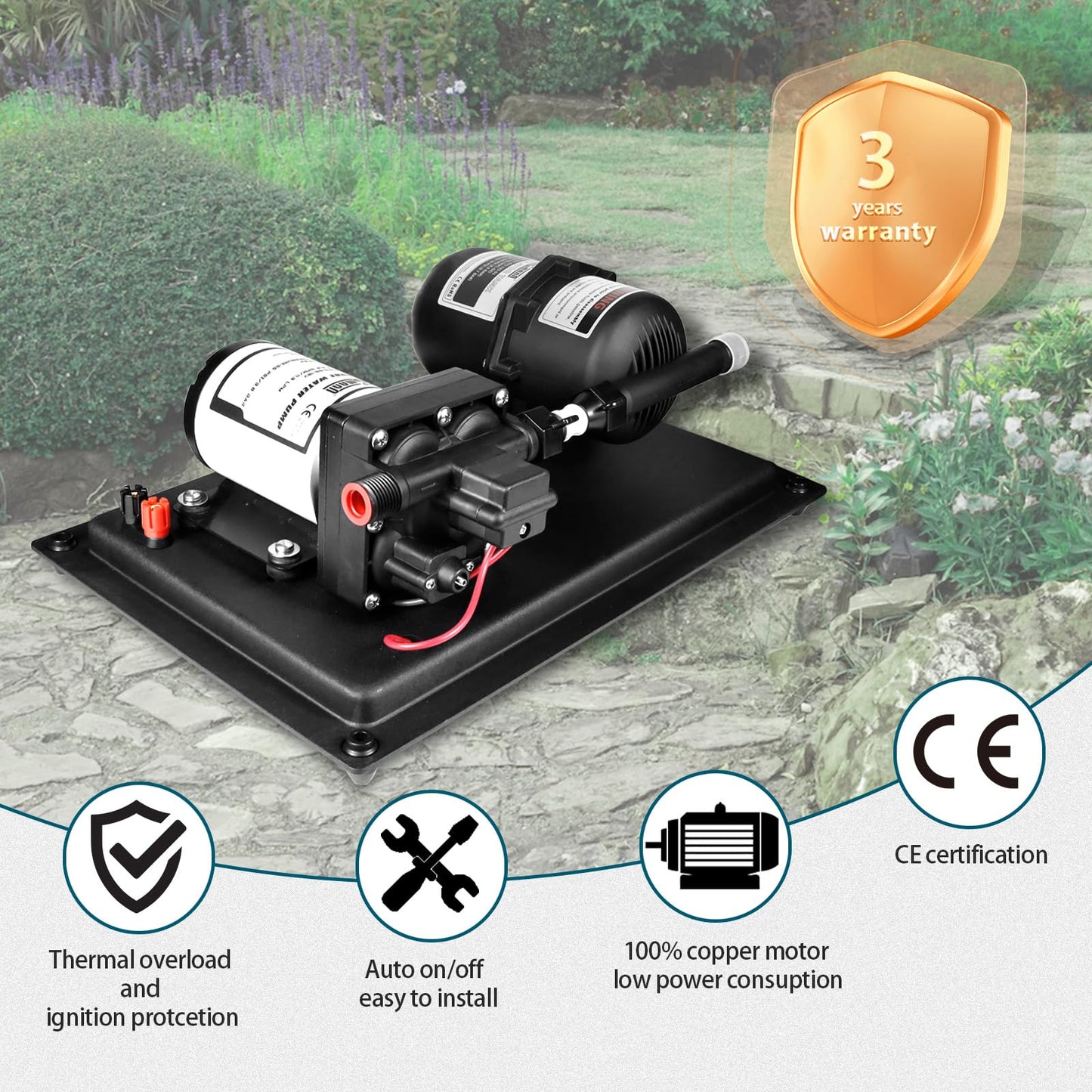 WASSERMANN 12V RV Water Pump and Accumulator Tank System, 3.0GPM 55PSI Self Priming Water Diaphragm Pump with 0.75L 10 PSI Pre-Pressurized Accumulator Tank, Pressure Switch, for Boat Garden RV Camping