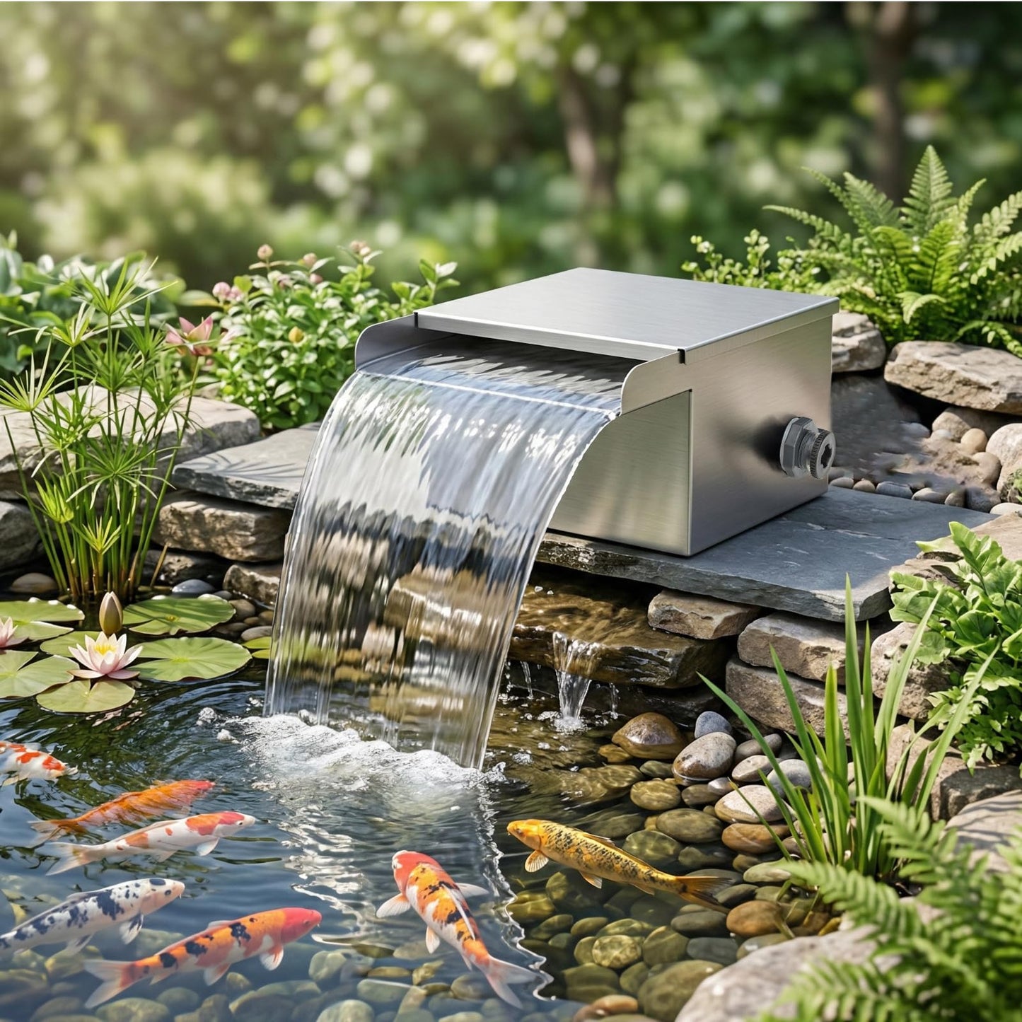 Pond Waterfall Spillway Kit with Filter Media & 800 GPH Pump, 304 Stainless Steel Waterfall Box, 9.8FT Hose, Complete Pond Kit for Outdoor Ponds, Koi Ponds, Fountain (8"L x 9.8"W x 5.1"H)
