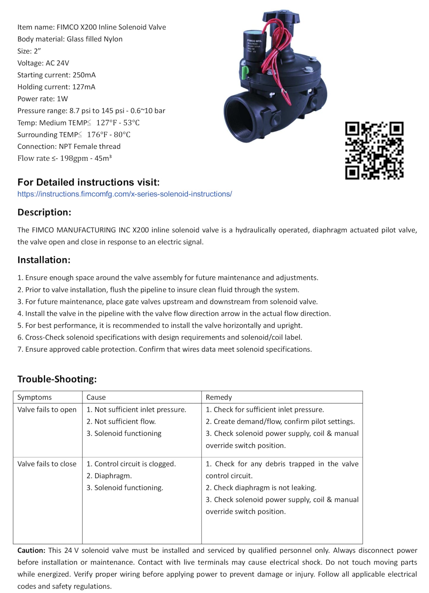 Fimco Manufacturing Inc. X200 2" in-line Commercial Electric Solenoid Irrigation Control Valve with 24VAC Coil and NPT Female Threaded outlets