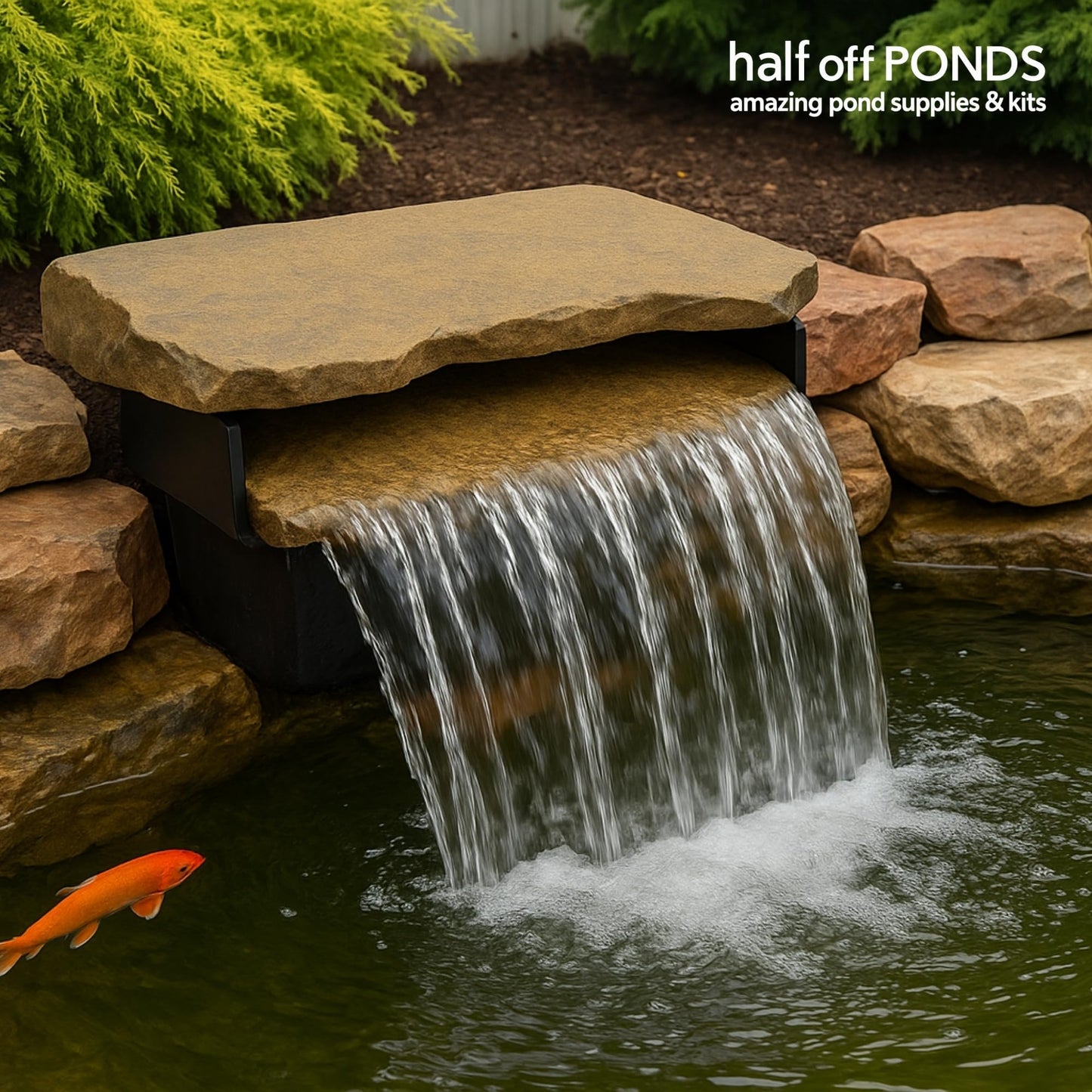 HALF OFF PONDS Filtering Waterfall Spillway Kit, 16-Inch Pond Waterfall Filter with Rock Lid and Lip, 2200 GPH Pump, 12.5 Foot Tubing, Outdoor Pond Filtering Waterfall System for Backyard Ponds