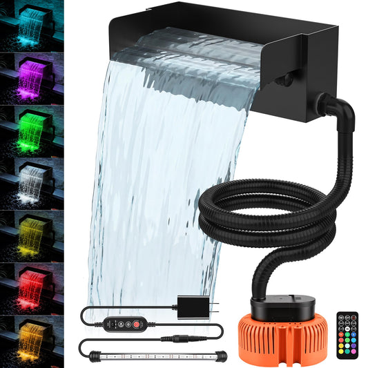 Augicy Pond Waterfall Spillway with LED Lights - 12-inch Stainless Steel Spillway and 850GPH Submersible Pump with Cover for Garden, Ponds, Backyard, Pool