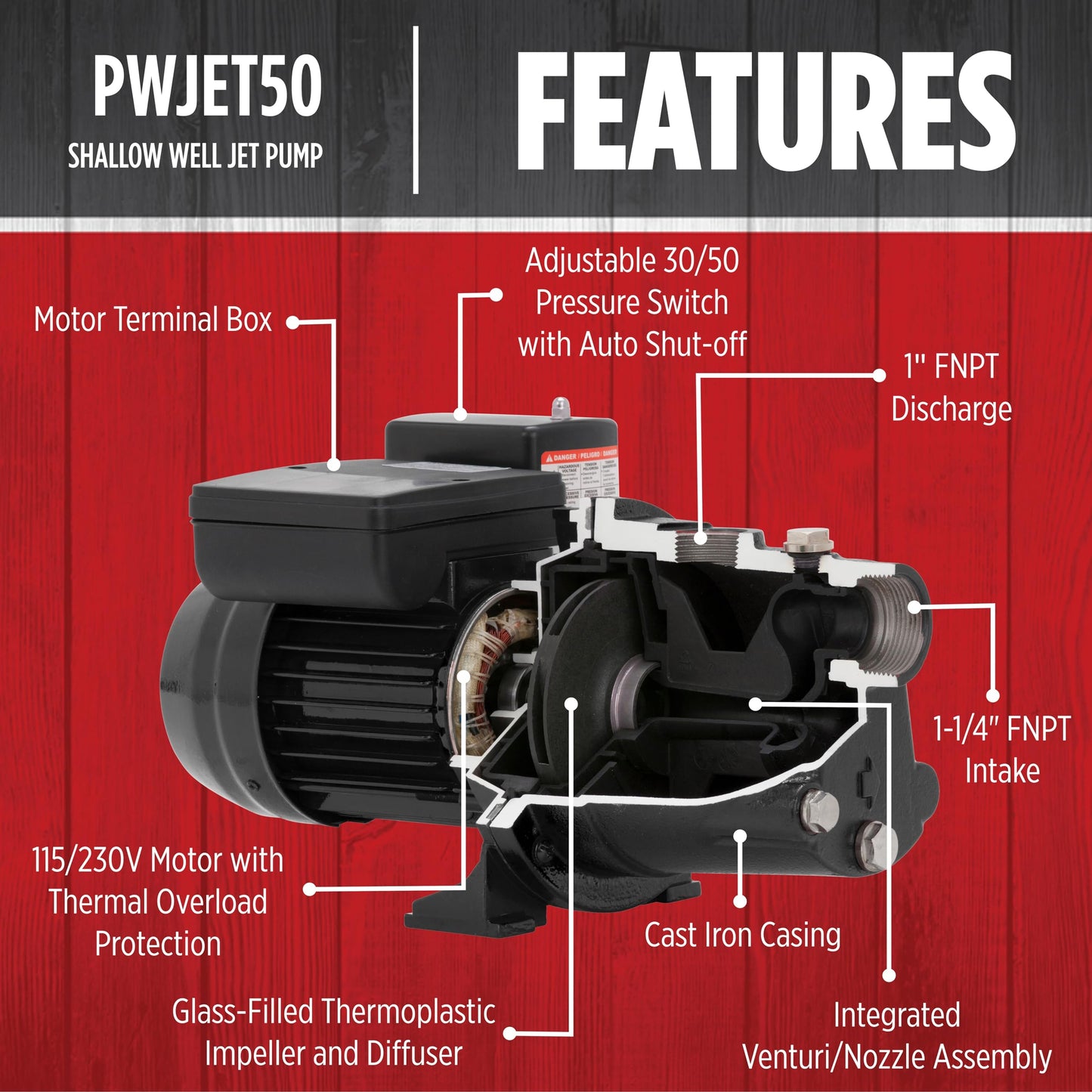 Red Lion PumpWorks 1/2 HP, 7.4 GPM, 115/230 Volt PWJET50 Cast Iron Shallow Well Jet Pump, Black 97080501