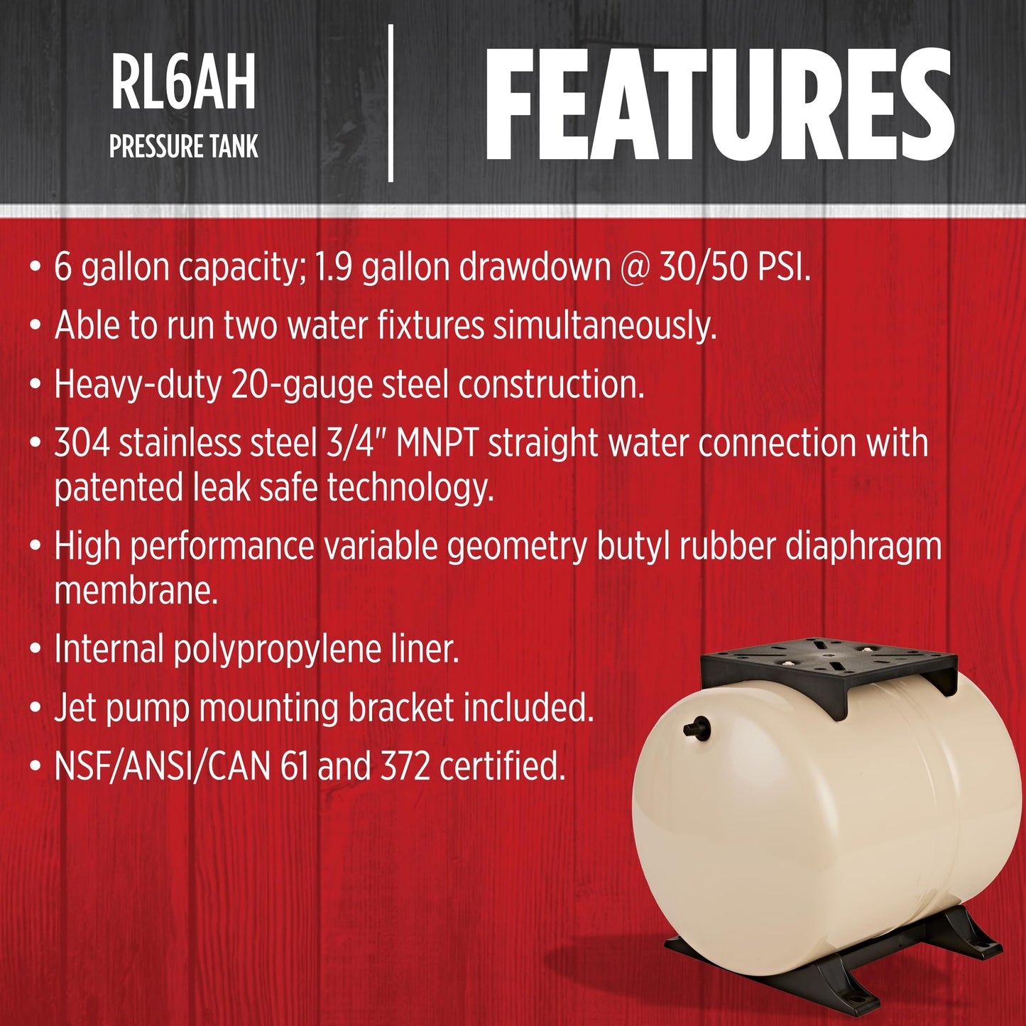 Red Lion RL6AH - 6-Gallon Horizontal Pre-Charged Pressure Tank with Pump Mounting Bracket and Thermoplastic Stand for Well Pumps, 3/4-Inch MNPT System Connection, Almond, 604629