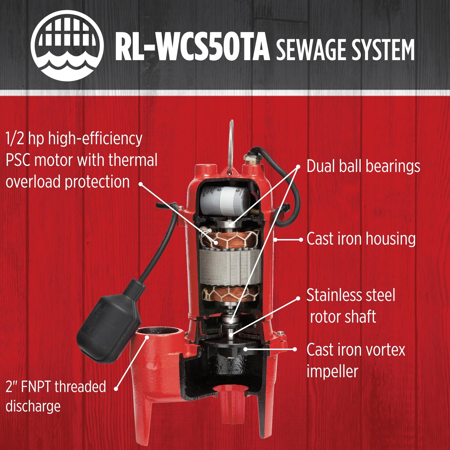Red Lion RL-WCS50TA 115 Volt, 1/2 HP, 5600 GPH Automatic Sewage System with Cast Iron Pump and 18-inch x 30-inch Basin, Red/Black, 14942749