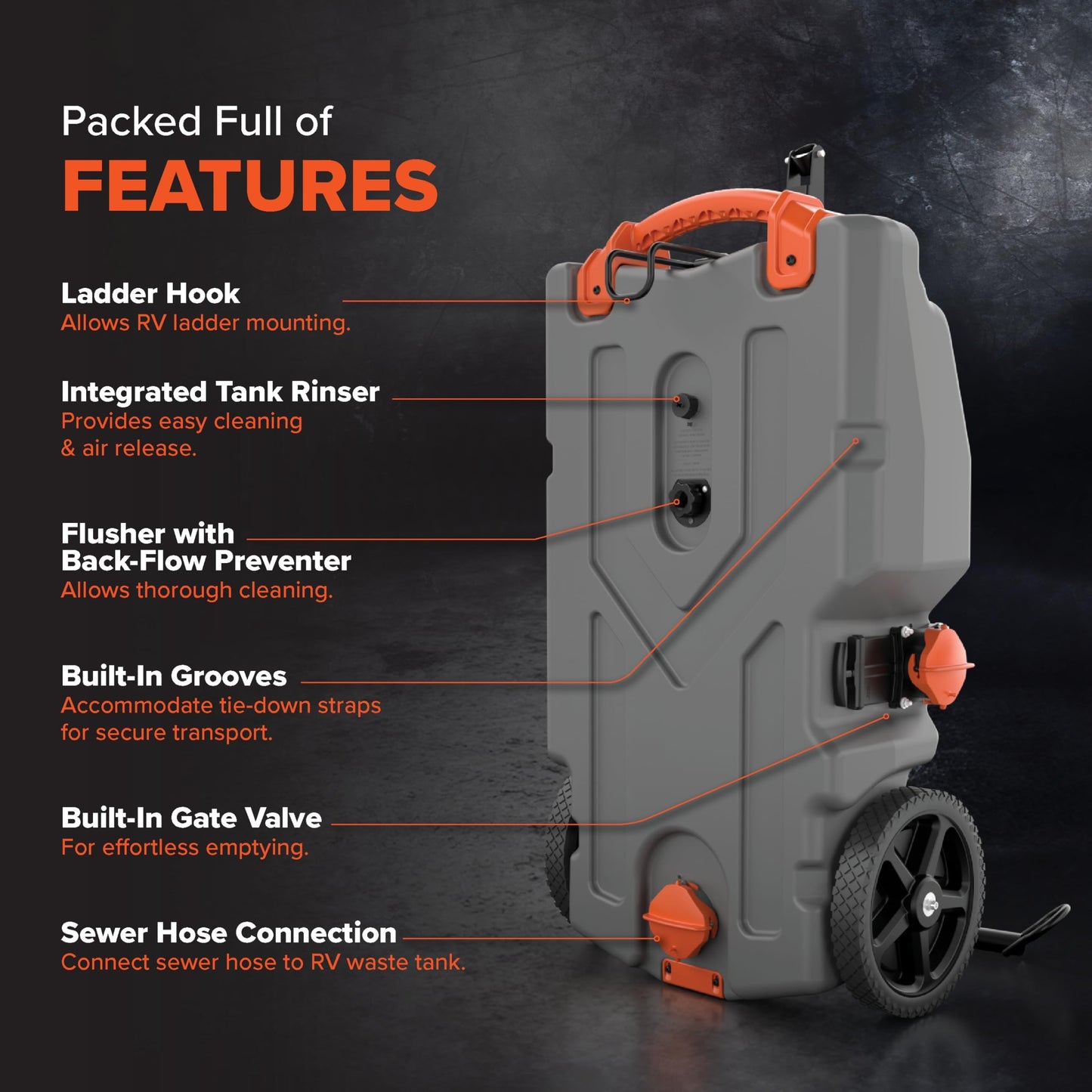 Camco Rhino 28-Gallon Portable RV Tote Tank - Features 2 Steerable No-Flat Front Wheels & Built-in Gate Valve - Includes Removable 24" Tow Bar, 3’ Sewer Hose & More RV Accessories (39005)