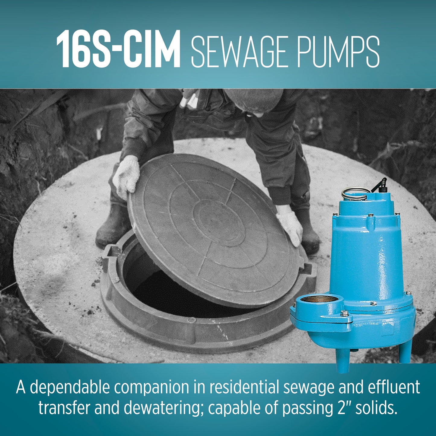 Little Giant 16S-CIM, 230-Volt, 1 HP, 9600 GPH Manual Submersible Sewage Ejector Pump, 40' Leads (Plugless), 3-Inch Discharge, Blue, 514630