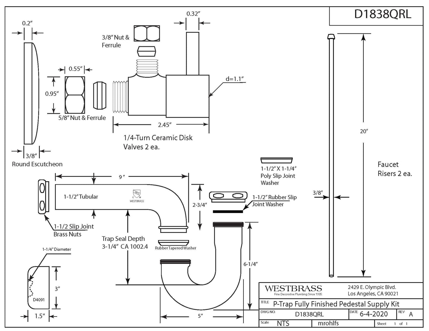 Westbrass D1838QRL-05 Freestanding Pedestal Sink Faucet Supply Line Risers with P-Trap, Flanges and 1/4-Turn Lever Handles, Polished Nickel