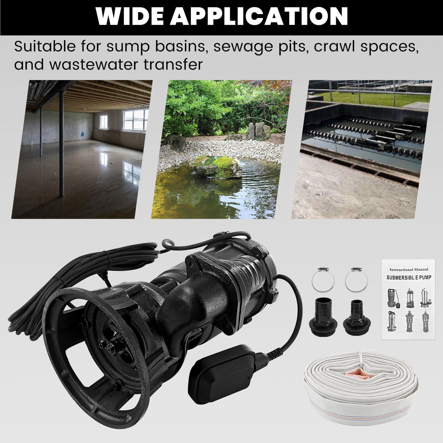 Yutmatin 2HP 110V Sewage Grinder Pump W/Blades, 6498GPH Cast Iron Effluent Pump W/ 66ft Hose and Automatic Float Switch, 1500W 2'' NPT Discharge, For Sump Basin, Basement, Residential Sewage