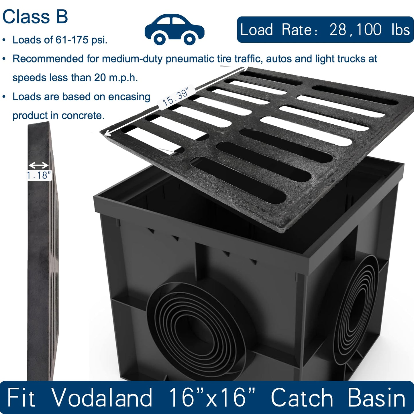 TIANYAMAI Cast Iron Drain Grate 16x16 in for Vodaland Catch Basin, B-Class 28100 lbs Heavy-Duty Driveway Channel Cover, Outdoor Trench Drainage Grate, Square Metal Sewer Cover 4pcs (True 15.4x15.4)