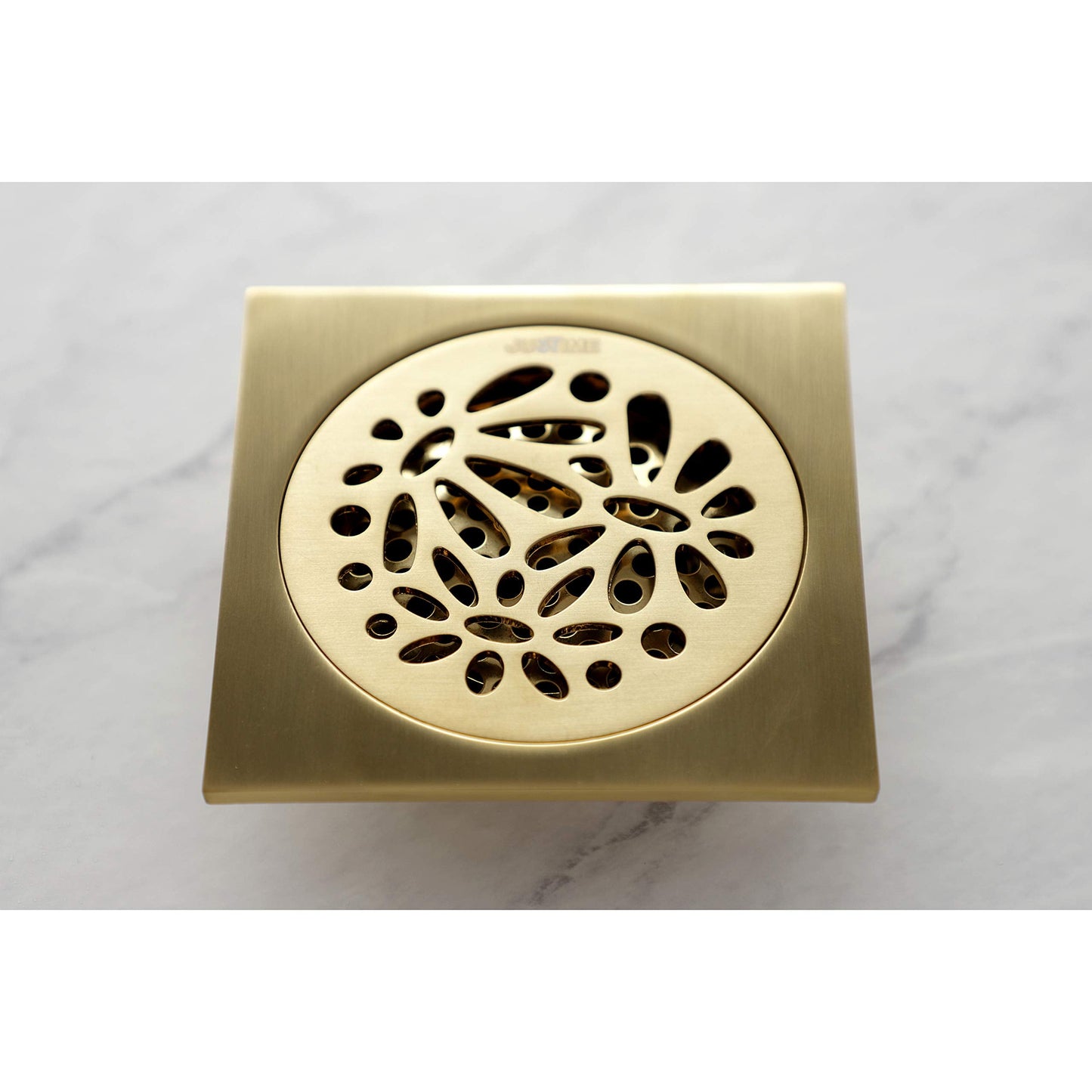 Floral 4" Brass Square Grid Shower Drain with Hair Strainer, Brushed Brass