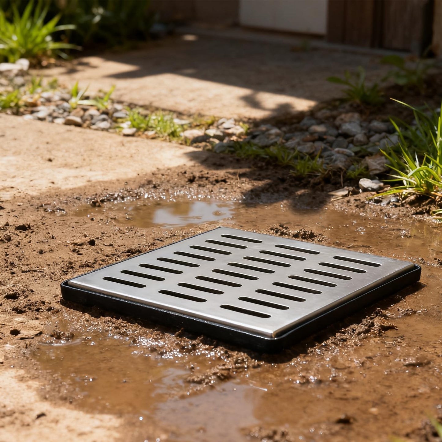 tonchean Catch Basin with Stainless Steel Grate, 18x18x15 in. Large Drainage Basin with Debris Basket, French Drain Without Reserved Hole for Yard, Downspout, Lawn, Municipal Pipeline