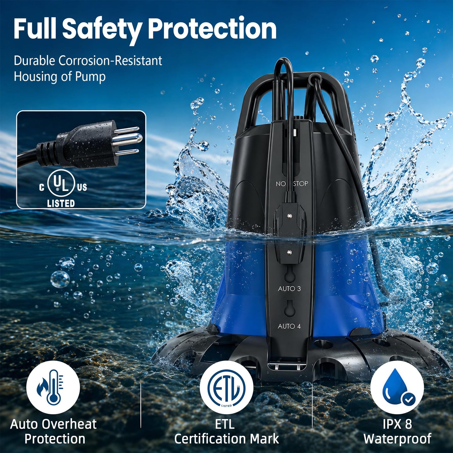 Cofiyard 1/2 HP Automatic Pool Cover Pump, 3148 GPH Submersible Water Pump for Pool Draining, Manual/Auto Pump with Adjustable Sensor for Above/In-Ground Pools, Hot Tubs, Basement Flooding, 25ft Cord