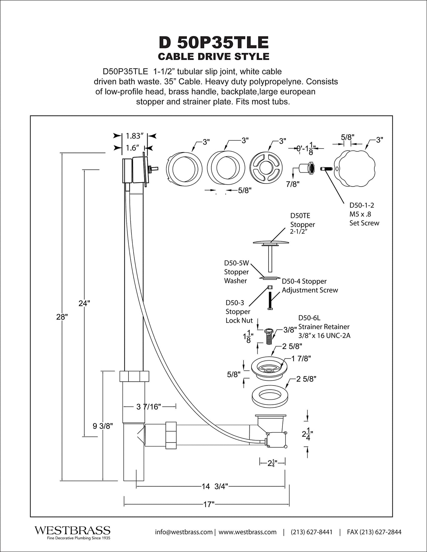 Westbrass Tubular 35 in. Cable Drive Bath Waste, Oil Rubbed Bronze, D50P35TLE-12