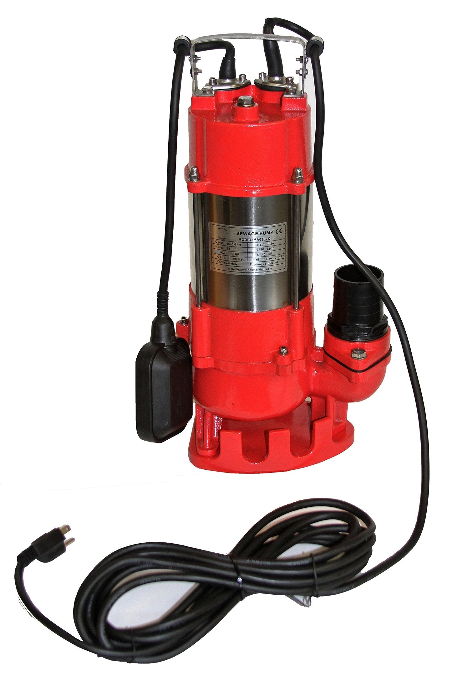 Hallmark Industries MA0387X-8 Sewage Pump with Float Switch, 3/4 HP, 115V, 5,600 GPH Max, 38 ft Lift, Stainless Steel