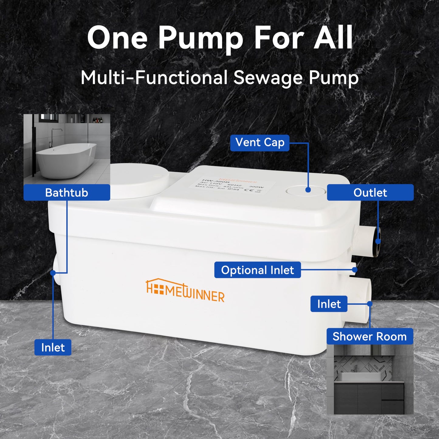 Sink Sewage Pump 300W Under-Basin Sewerage Sump Pump Upflush up to 22 ft for Basement Bathroom RV Trailer House Marine Home Shower Laundry Bath Tub Drain Kitchen Waste Water Disposal No Toilet Grinder