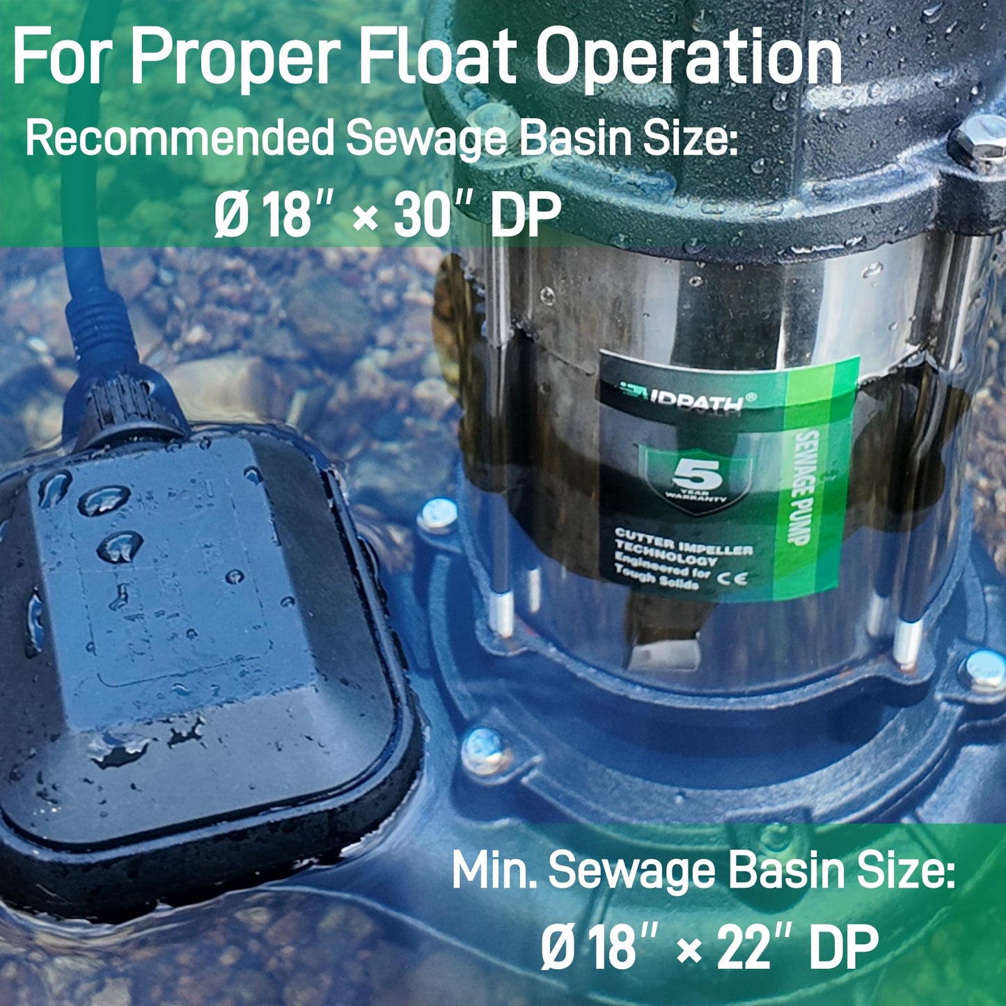 AIDPATH 1 HP Sewage Pump Submersible, Stainless Pump Casing, E-Coated Semi-Open Cast Iron Impeller, Auto Float Switch, 115V, 2" NPT Discharge for Sump Basin, Sewage Well, Basement, Septic Tank, Trash