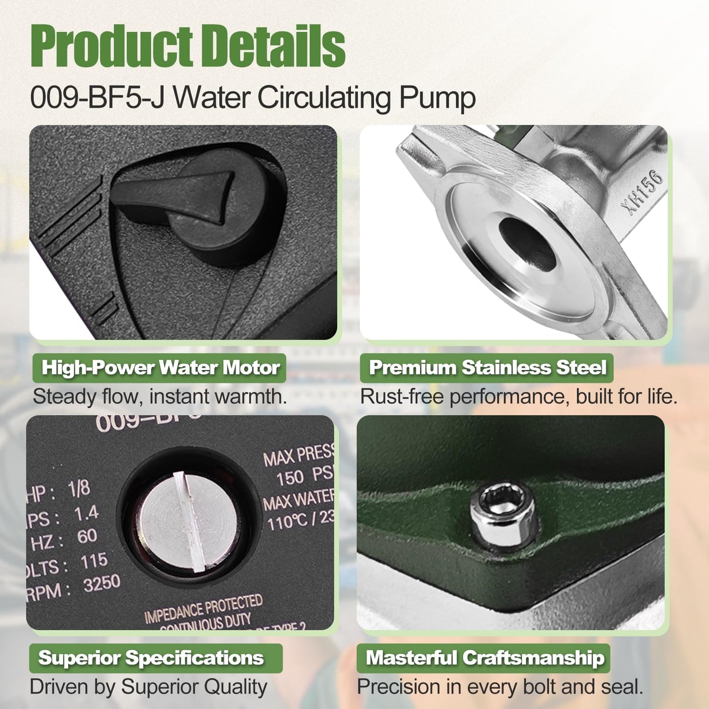 009-BF5-J 1/8HP 115V Stainless Steel Cartridge Circulator Pump Replacement for Taco 009-F5 High Velocity Water Circulating Pump 150PSI 10GPM Single Phase