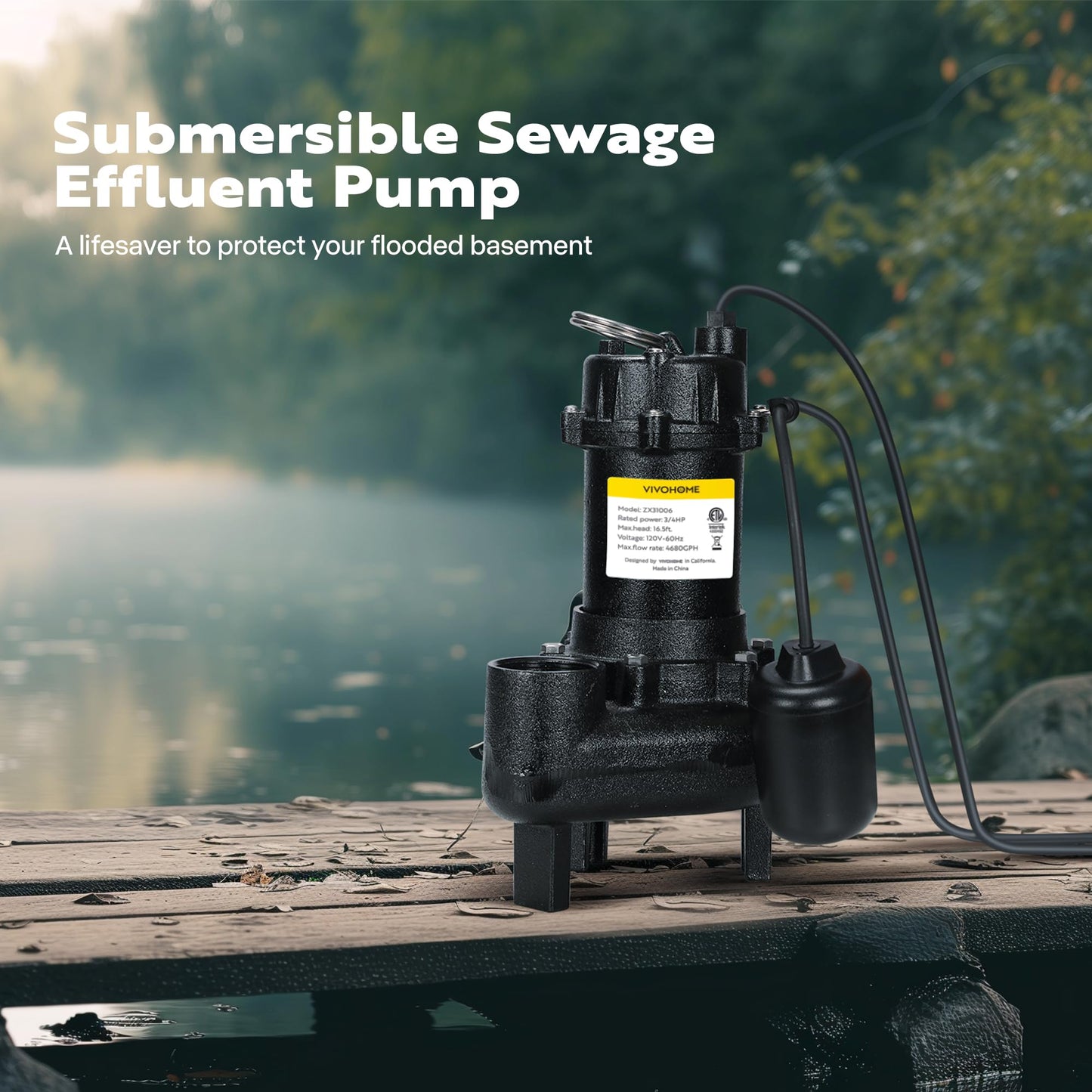 VIVOHOME 3/4 HP Submersible Cast Iron Sewage/Effluent Pump, 4680 GPH Float Switch Sump Pump with 2'' NPT Discharge for Basement, Septic Tank