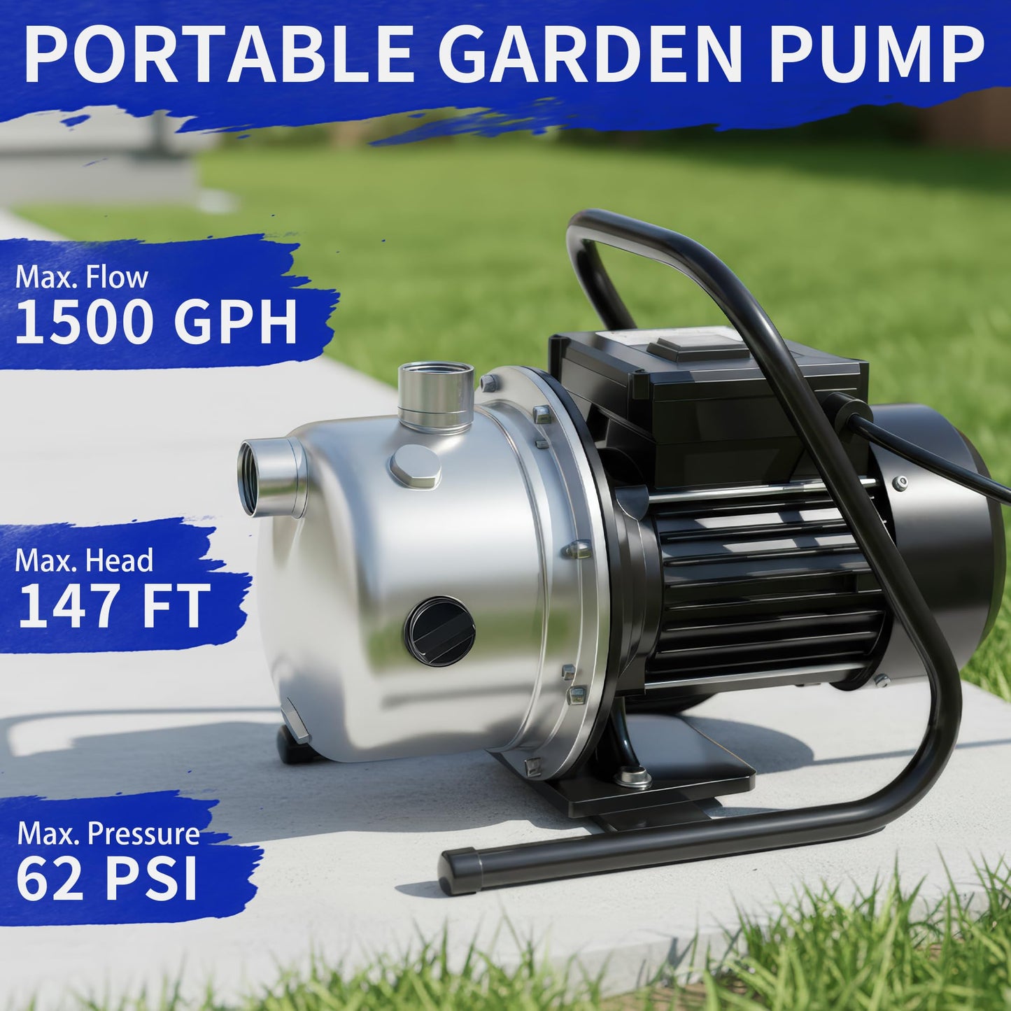 LANCHEZ Shallow Well Pump, Stainless Steel Water Transfer Pump, 115V Garden Irrigation Pump, Water Booster Jet Pump for Home Garden Lawn Farm, Silver