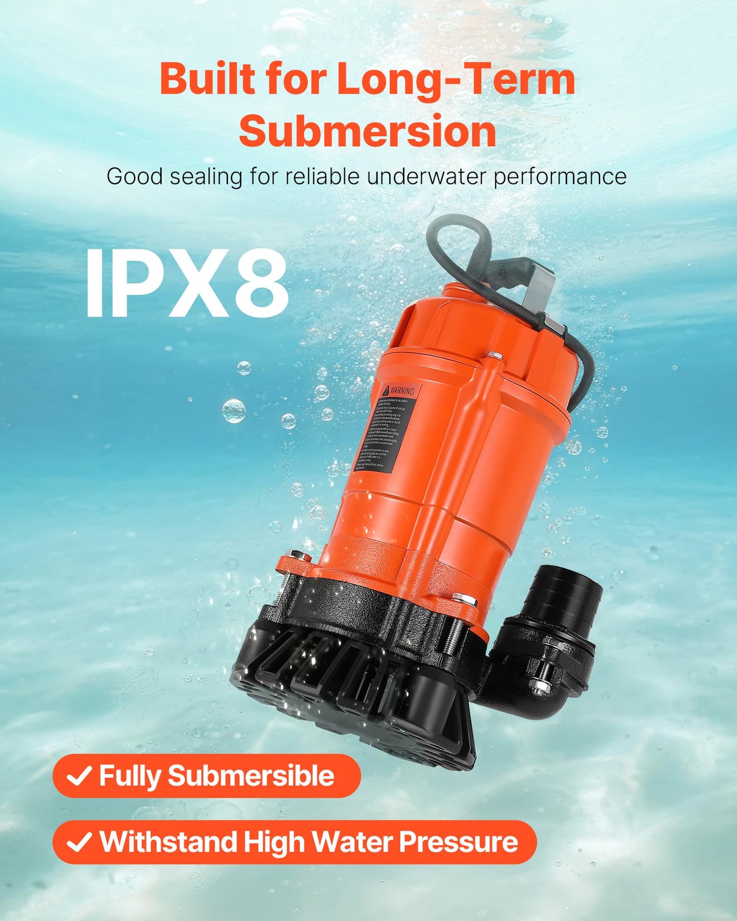 VEVOR 1/2 HP Submersible Trash Pump, 2000 GPH, 120V Cast Iron Submersible Sump Sewage Pump with 2 in Discharge, 39 ft Max Lift, Drain Dirty Clean Water, for Pools, Garden, Pond, Basement, Flooded Area