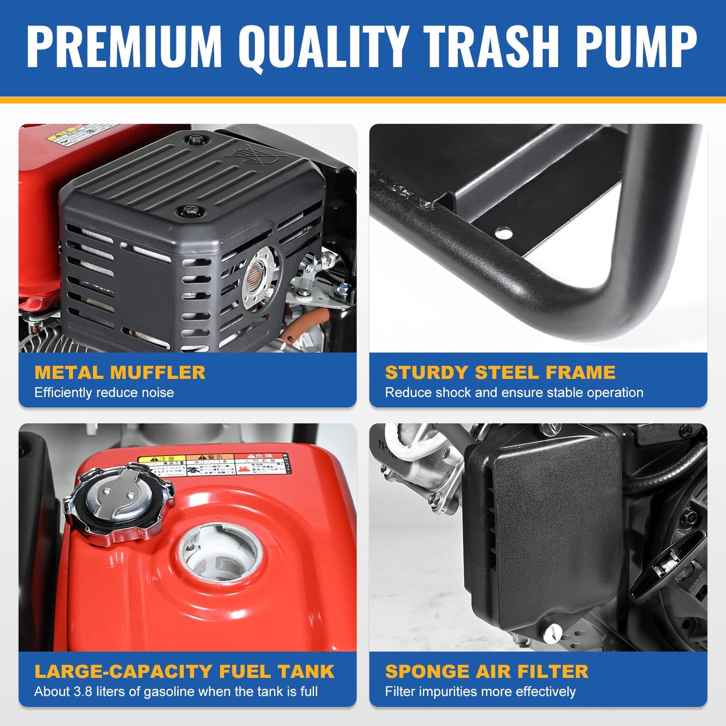 TOOLCY Trash Pump 2 inch with 6HP 181cc 132GPM 4-Cycle Gasoline Engine, Gas Powered Water Triple Outlet (2"/1.5"), Commercial Water Transfer Pump for Long-Distance Irrigation & Sprinkler Systems
