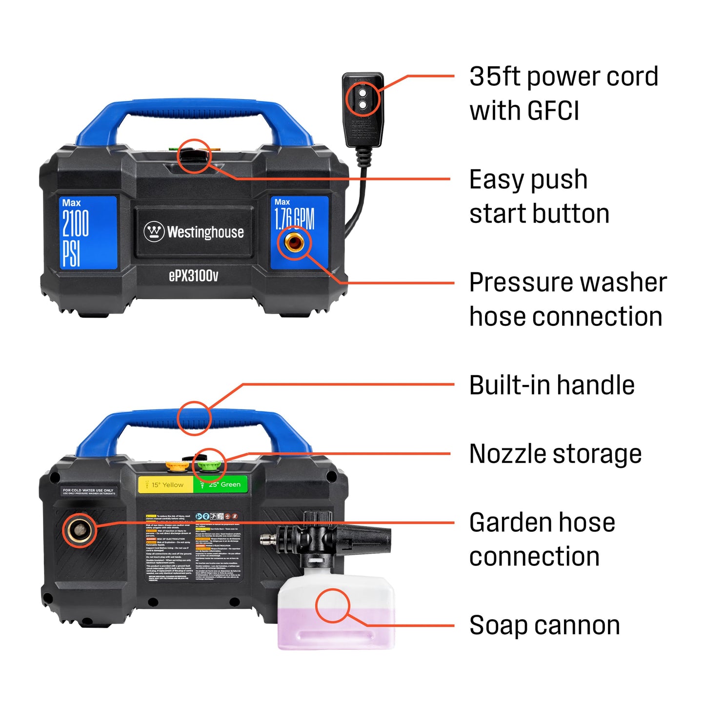 Westinghouse ePX3100v Electric Pressure Washer, 2100 Max PSI 1.76 Max GPM, Built-in Carry Handle, Detachable Foam Cannon, Pro-Style Steel Wand, 3-Nozzle Set, for Cars/Fences/Driveways/Home/Patios