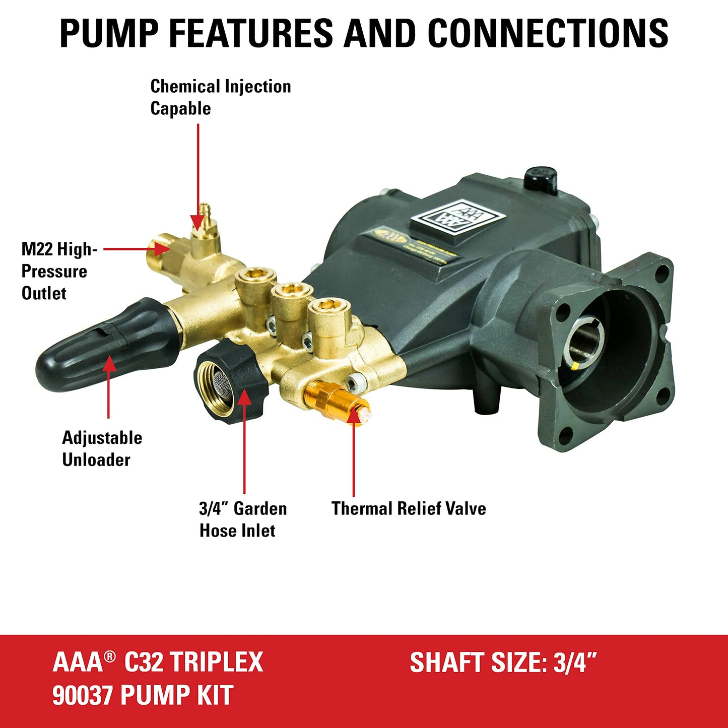 AAA 3700 PSI 2.5 GPM Replacement Triplex Pressure Washer Pump Kit for SIMPSON Gas Power Washer Pumps, 3/4" Shaft, Horizontal Engine Fit, PowerBoost (90037)