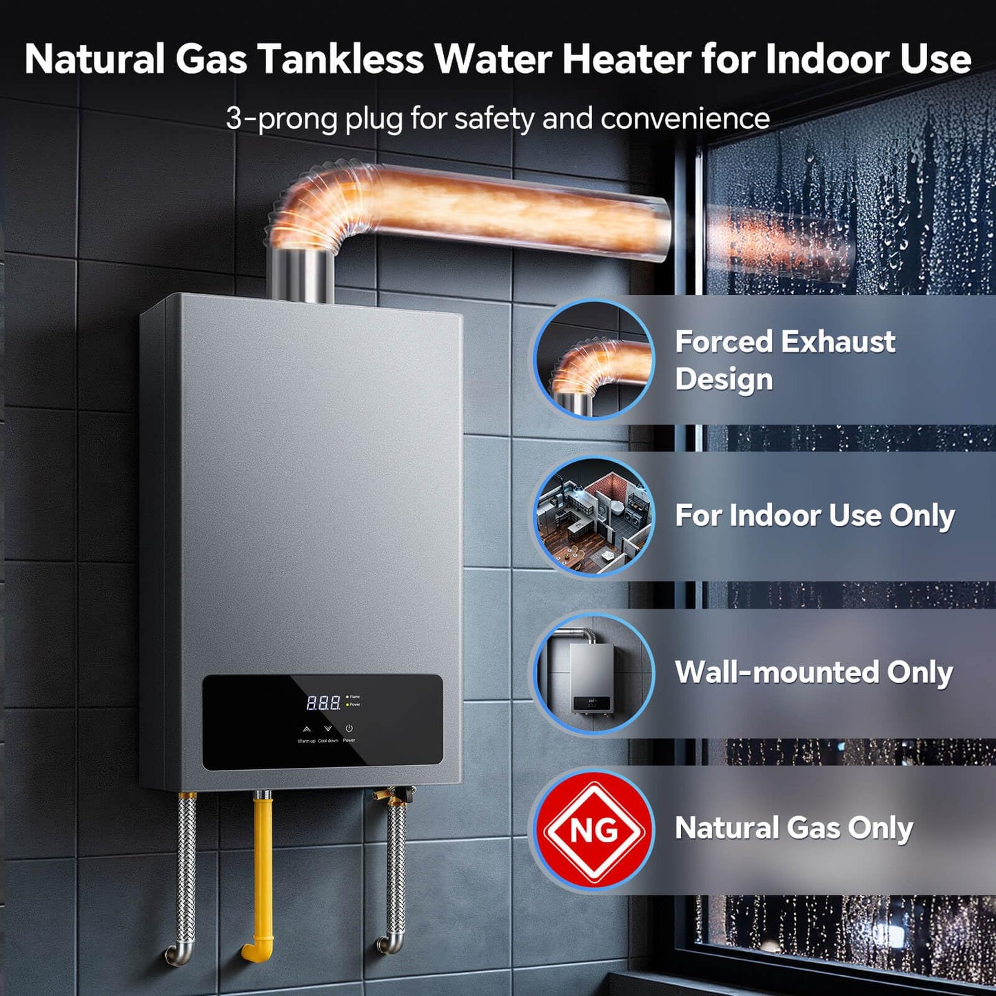 SNDOAS Tankless Water Heater Gas,Up to 4.75GPM 18L Water Heater Natural Gas with LED Display,102,000 BTU Instant Hot Water Heater On Demand for Whole House,Ultra Quiet,Forced Exhaust,Indoor Use