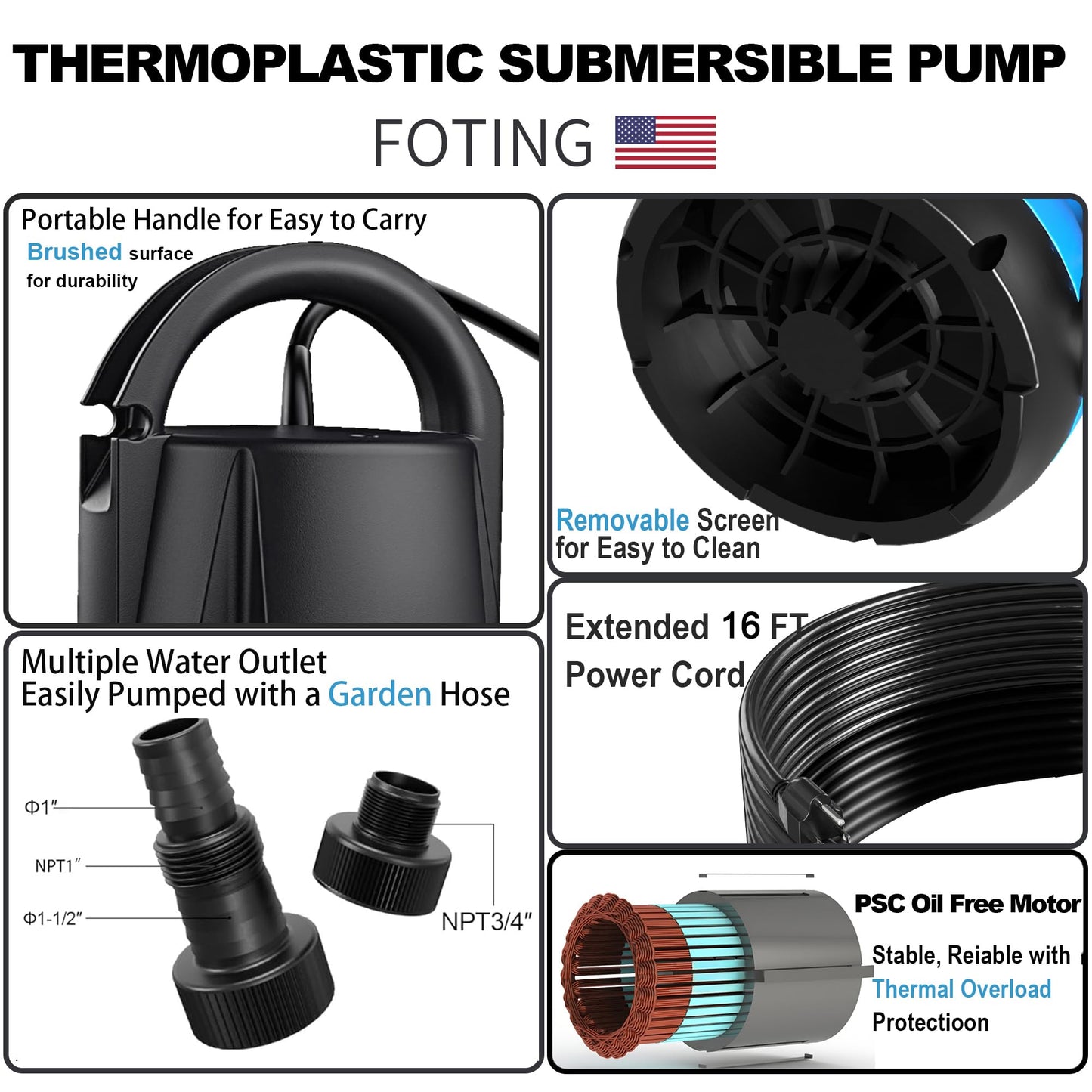 FOTING Sump Pump 1HP Clean/Dirty Submersible Water Pump,4600GPH Utility Pump Thermoplastic Electric Portable Transfer Water Pump for Swimming Pool Pond Basement with 10ft Power Cord,Auto