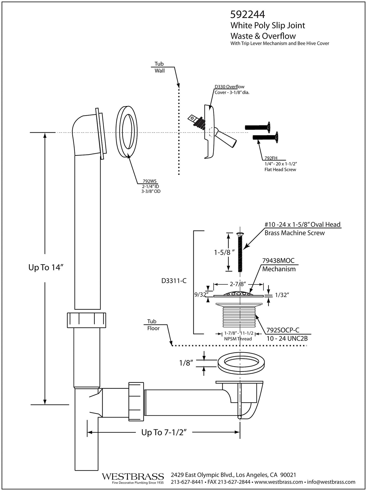 Westbrass 592244-12-62 14" White Poly Tubular Bath Waste & Overflow Assembly with Trip Lever and Strainer Grid Drain Cover, Matte Black (12-Pack)