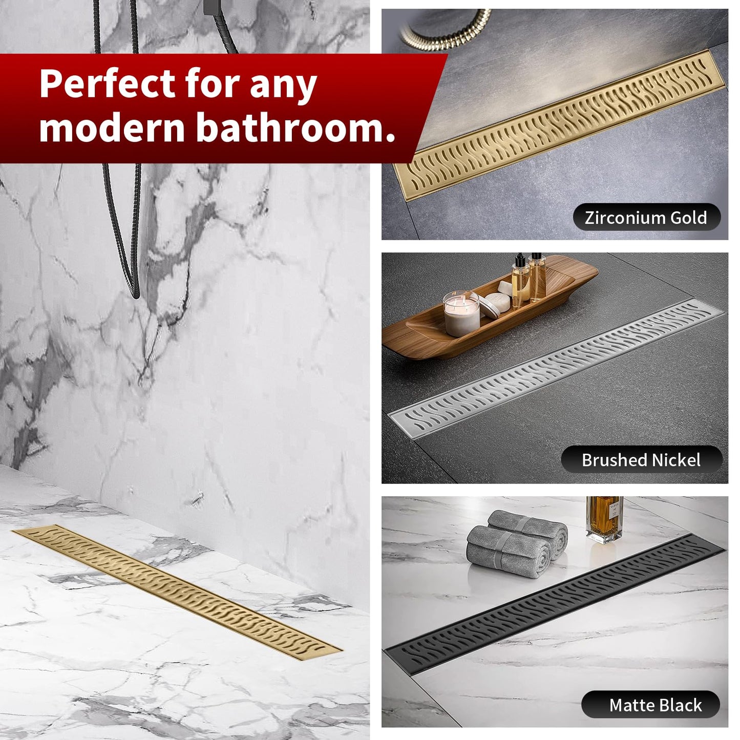 Sharp-tec Linear Shower Drain, 48 inch Shower Drain with Removable Pattern Cover, Brushed Gold 304 Stainless Steel Rectangle Floor Drain, Adjustable Feet and Hair Strainer Included