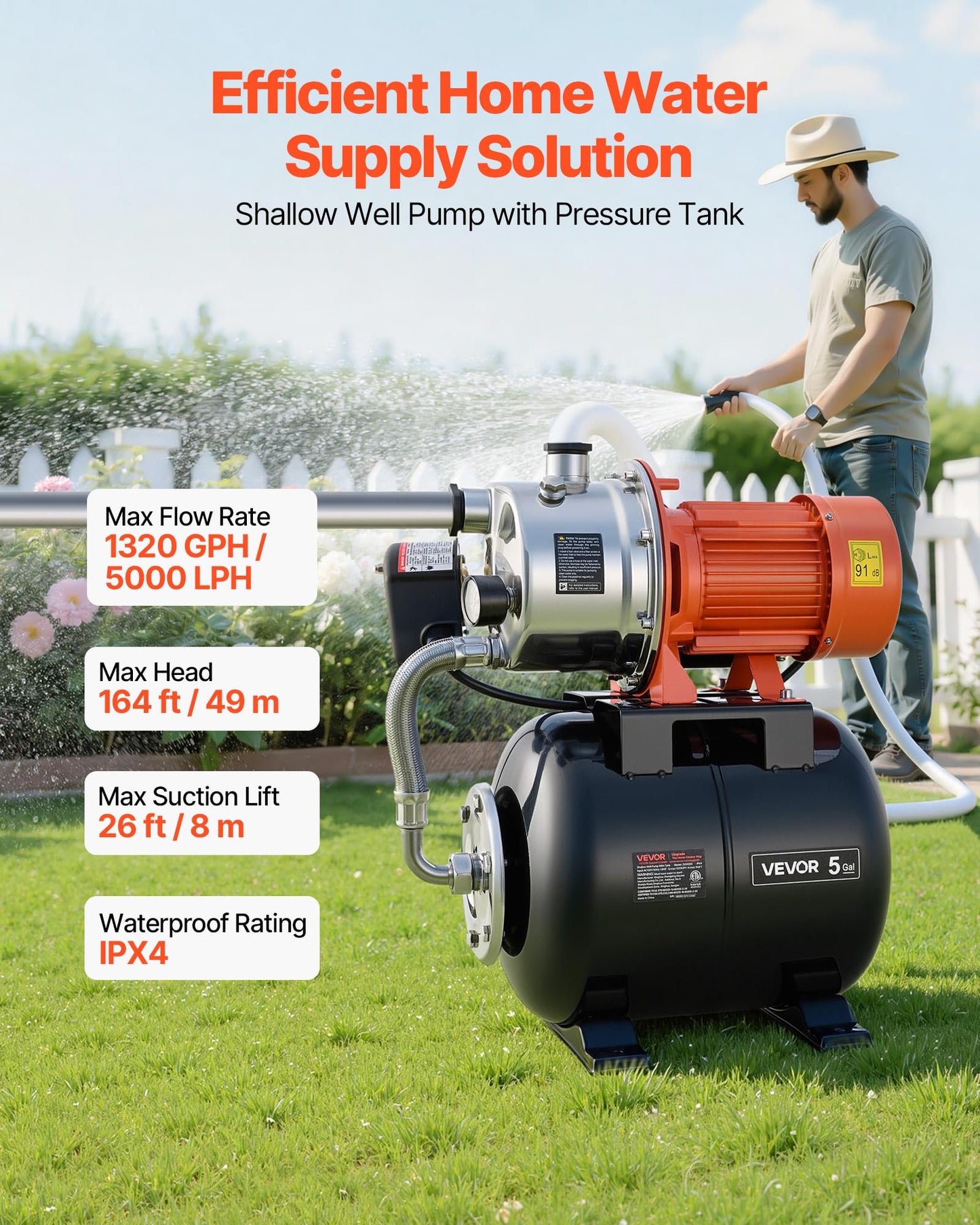 VEVOR 1.6 HP Shallow Well Pump with Pressure Tank, 120V 1320 GPH, Stainless Steel Irrigation Jet Pump with 5-Gal Pressure Tank, Automatic Water Booster System, for Home Garden Lawn, Potable Water