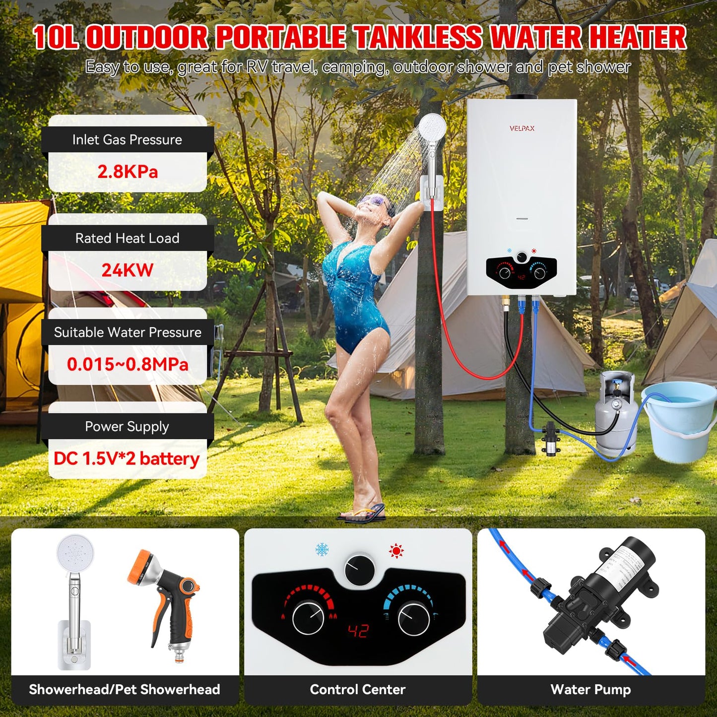 Tankless Water Heater Propane,2.64GPM 10L Outdoor Portable water heater,with 2 GPM Water Pump, Instant Propane water heater with Digital Display Multi-Protection for Camping Trips